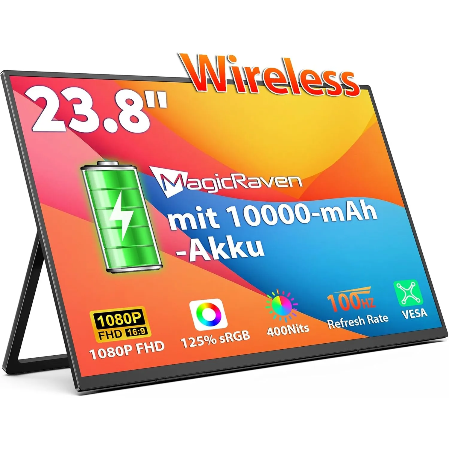 MAGICRAVEN 23.8" 100Hz Drahtloser Portable Monitor mit 10000-mAh Akku, 1080P FHD Tragbarer Monitor, Laptop Bildschirm E…