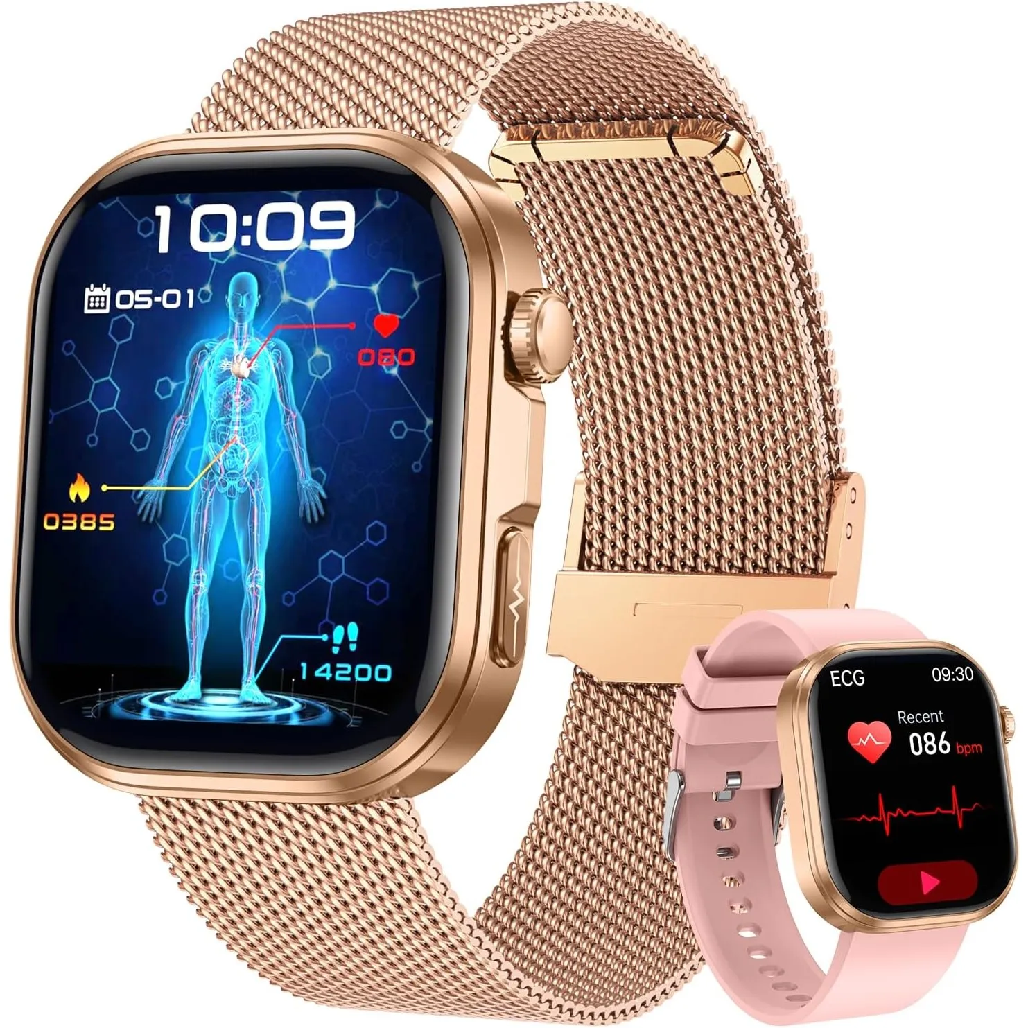 Smartwatch Damen mit EKG 𝐇𝐑𝐕 Blutdruck Herzfrequenz: Smart Watch Gold 𝐄𝐂𝐆 Gesundheitsuhr 1,88" Eckig Edelstahlarmband A…