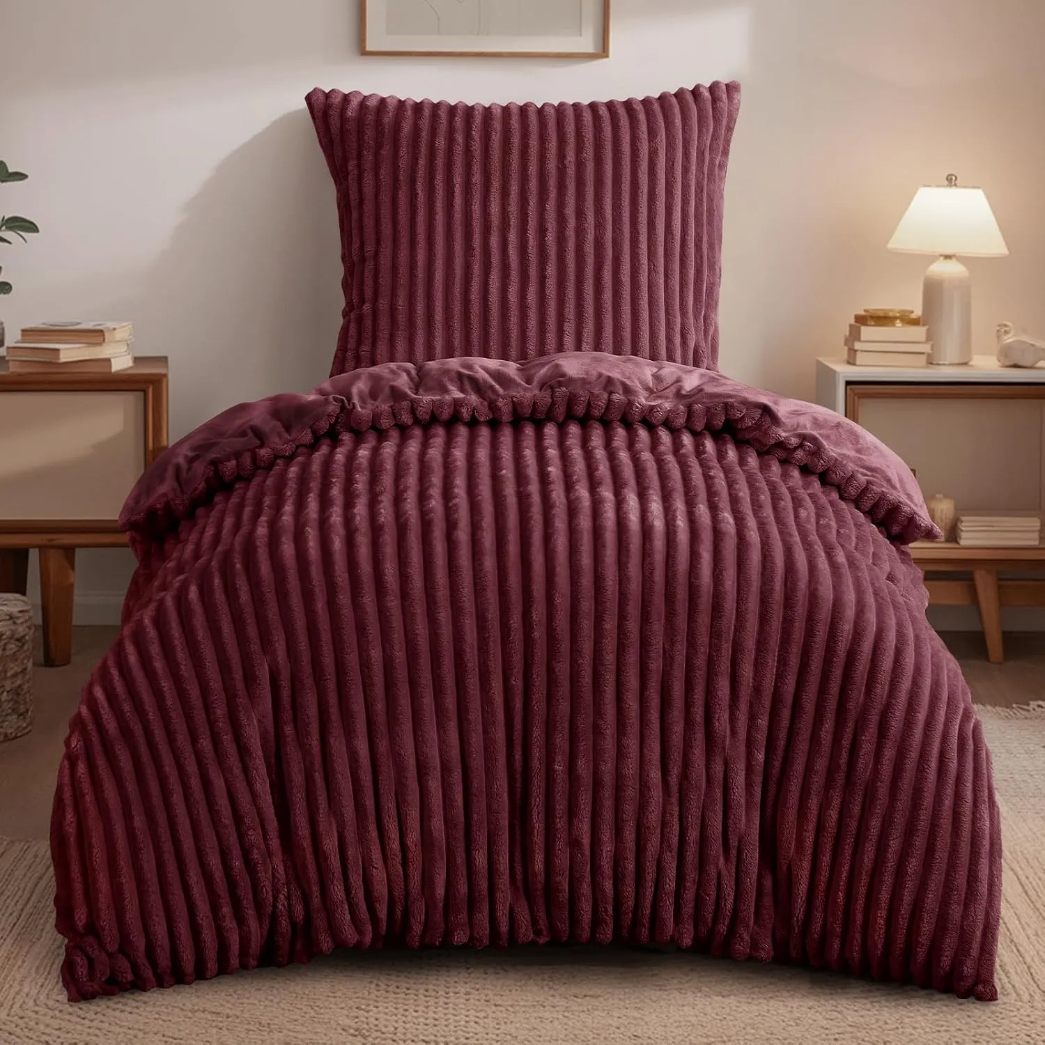 RUIKASI Winter Flanell Bettwäsche 155 x 220 Burgundy 2teilig Plüsch Warm