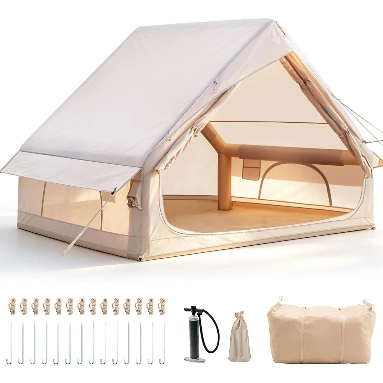 Aufblasbares Campingzelt mit Kaminöffnung & Dachfenster, Aufblasbare Zelt für 2-10per mit Luftpumpe, Zelt Aufblasbar au…