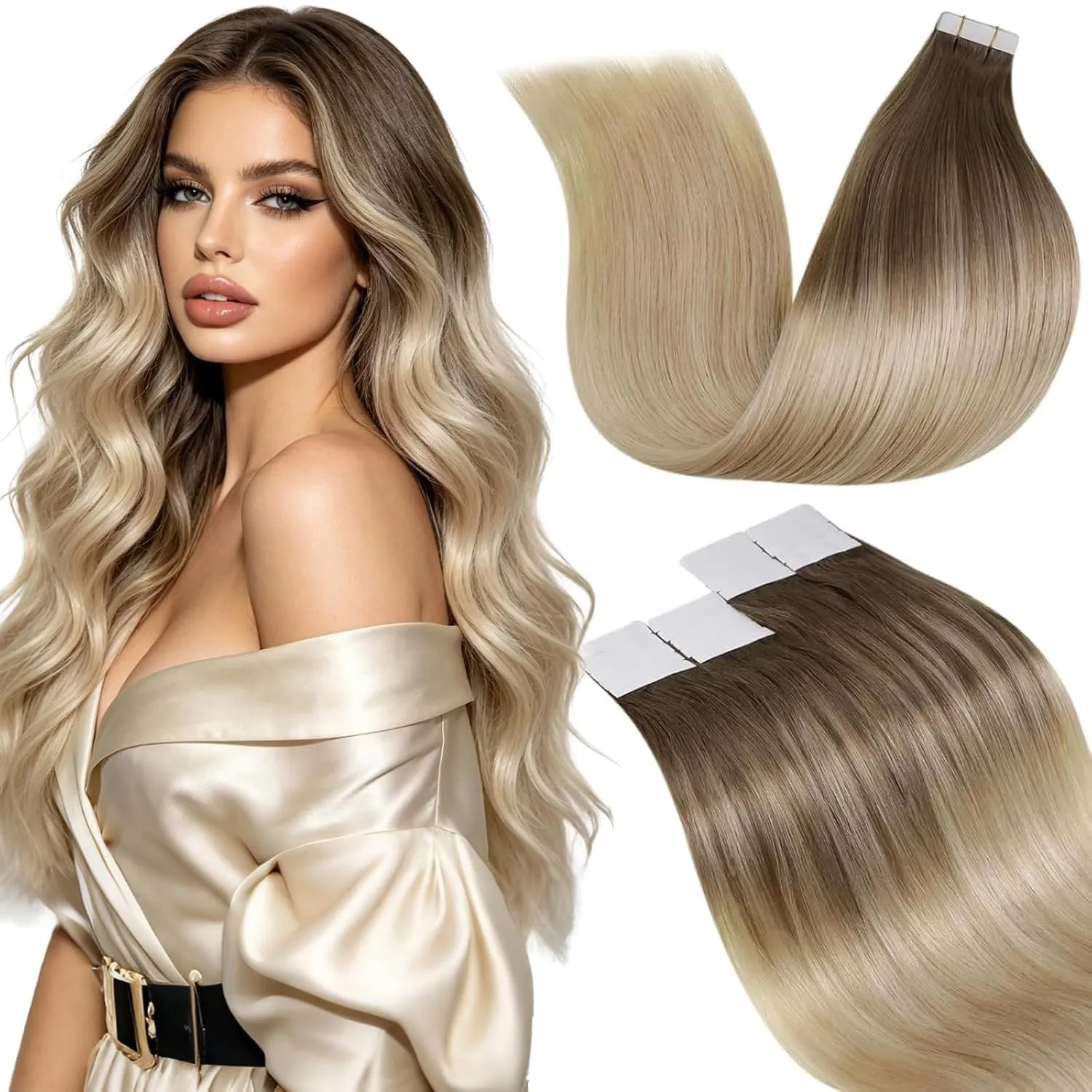 LaaVoo Tape Extensions Echthaar Balayage Blondine Ombre Platinblond Echthaar Extensions Tape Hellbraun #8/18/60 55cm 50…