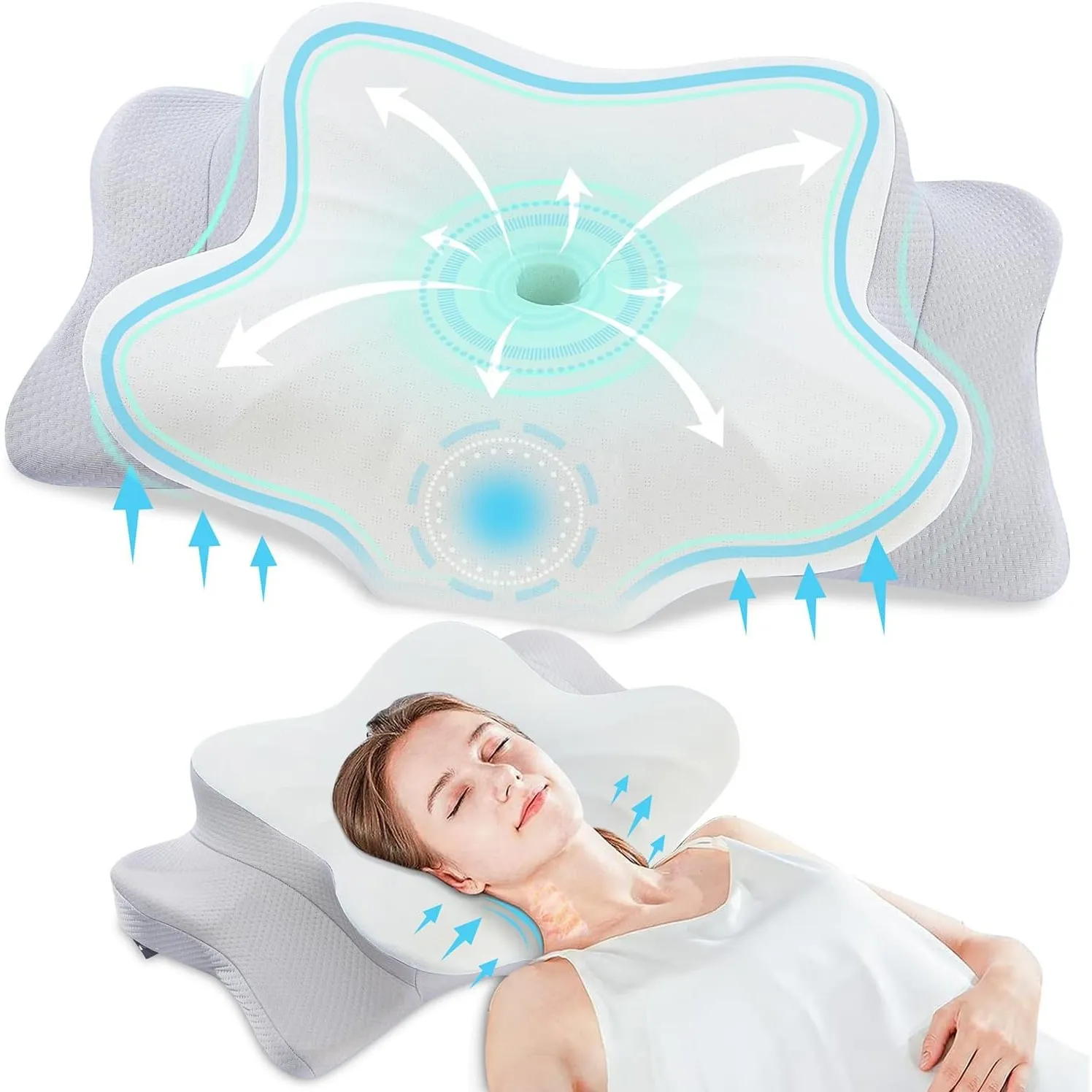 DONAMA Memory Foam Nackenkissen Ergonomisch, Kopfkissen mit Armauflage & Zwei Höhen, Kühlend & Atmungsaktiv, 6-Zonen-Ko…