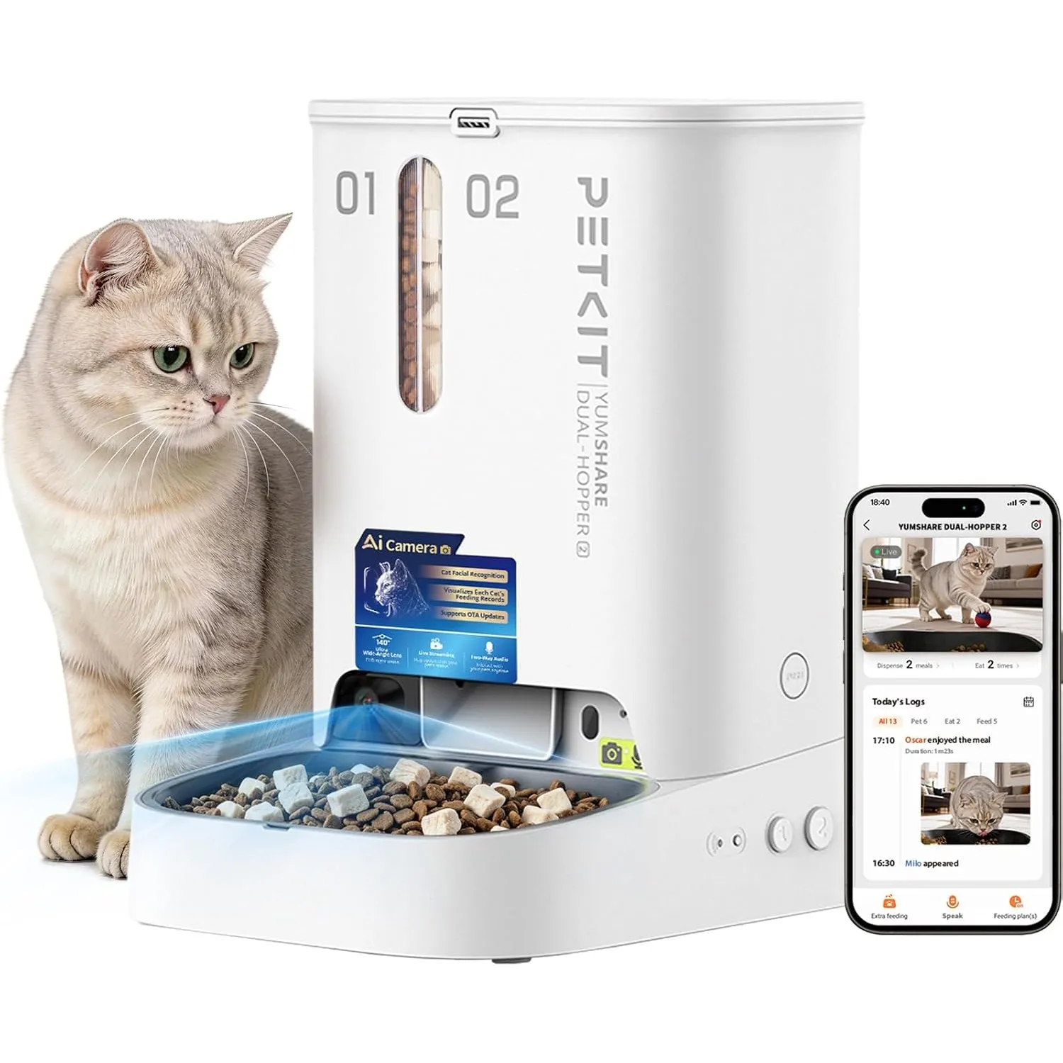 PETKIT YumShare Dual-Hopper 2 Futterautomat Katze 2 Näpfe Mit Kamera, Gesichtserkennung für Mehrere Katzen,5L Katzen Fu…