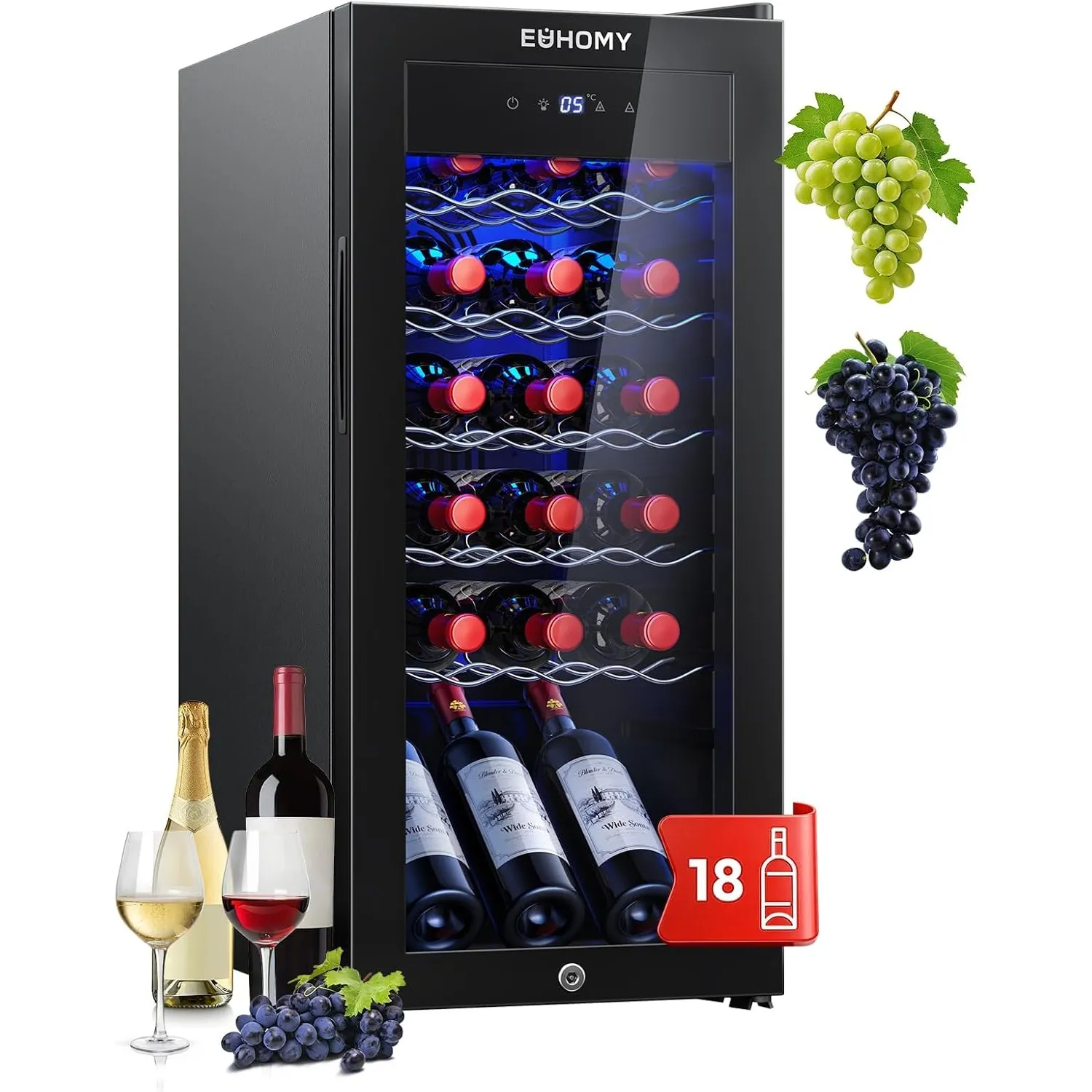 EUHOMY 45L Weinkühlschrank für 18 Flaschen, Freistehender Wein- und Getränkekühlschrank mit Glastür, Digitaler Temperat…