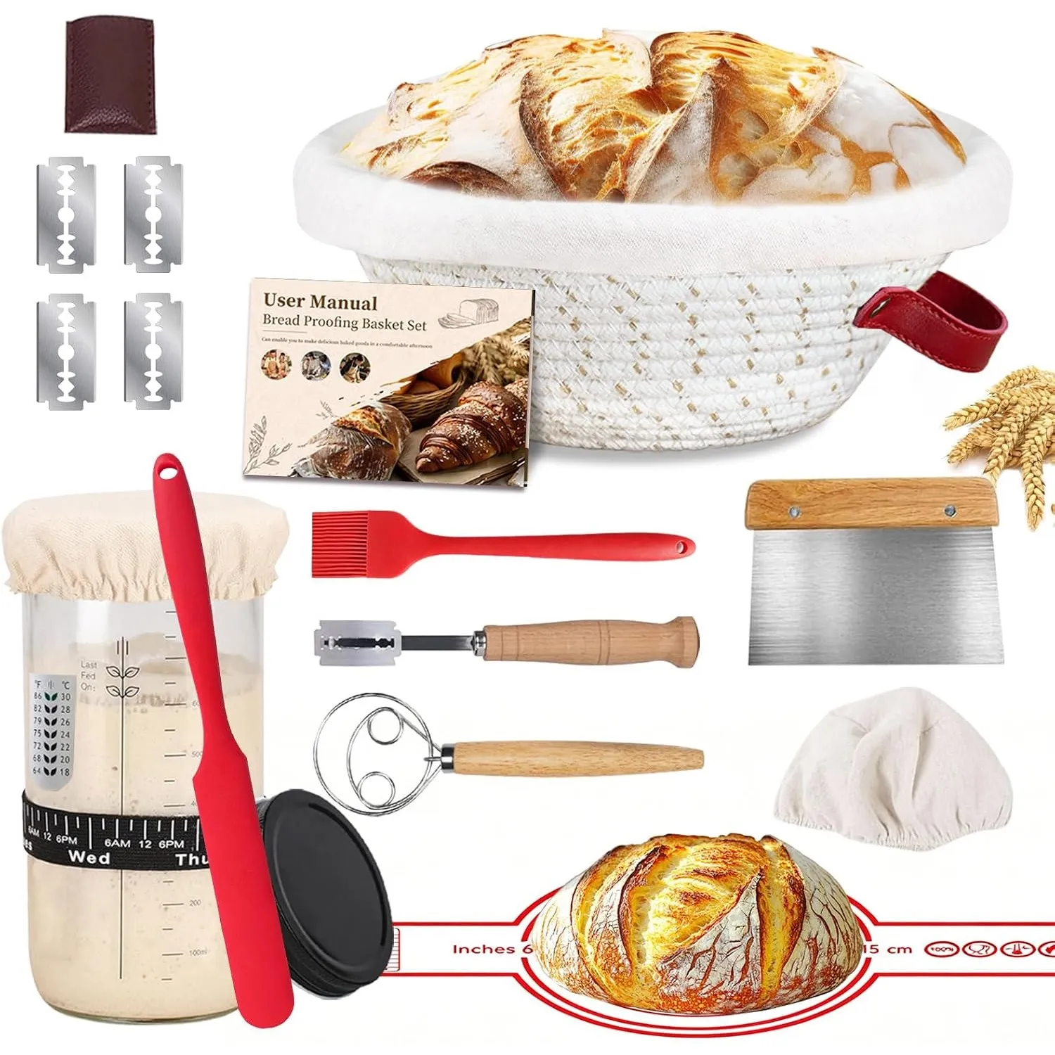 Gärkörbchen Sauerteig Starter Set, 700ml Sauerteig Glas, Gärkorb rund 25cm & Liner – Komplettes Brot Backen Zubehör, ha…