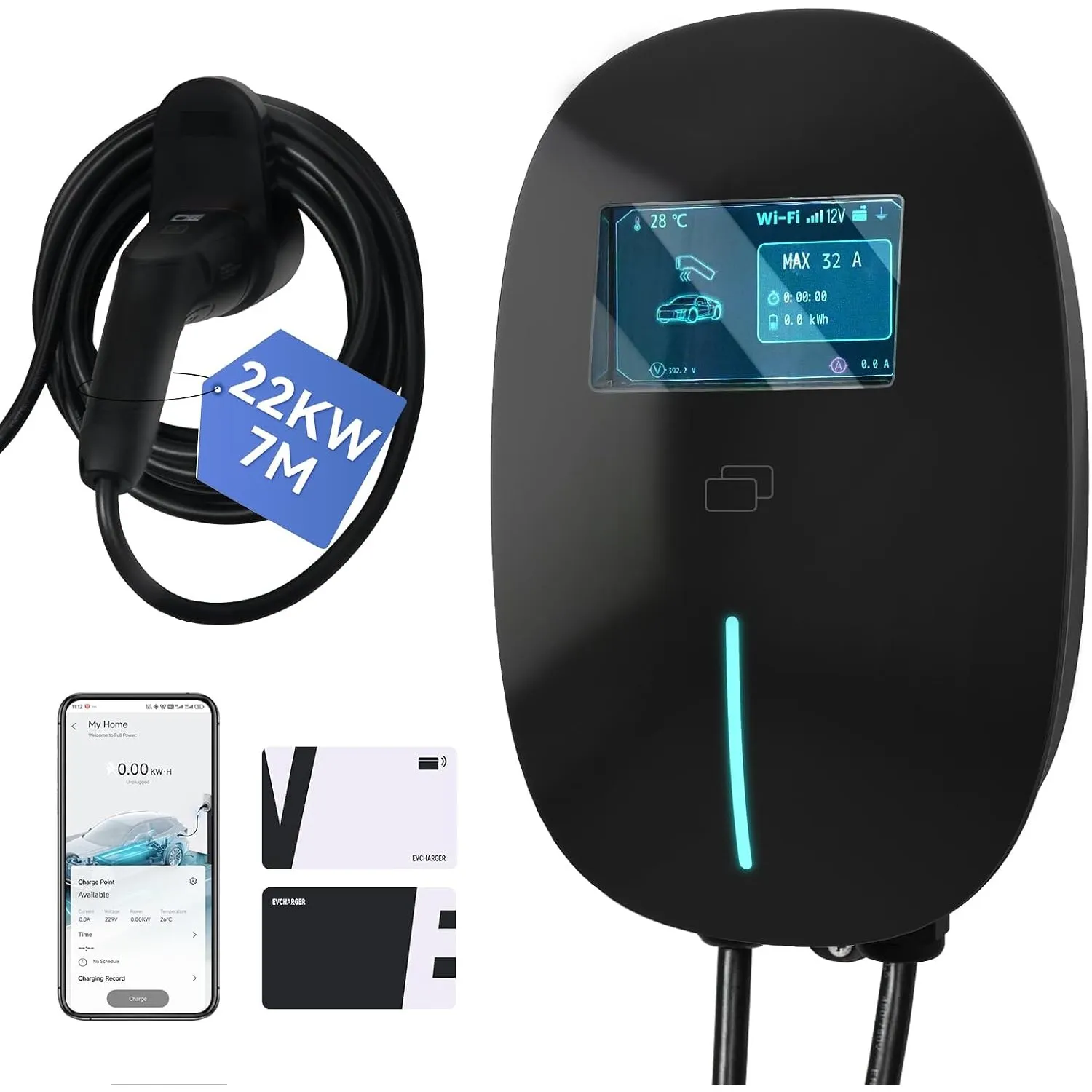 Fullwatt Wallbox 22kW mit APP RFID Typ 2 7M 3-Phasig für Alle EVs und PHEVs