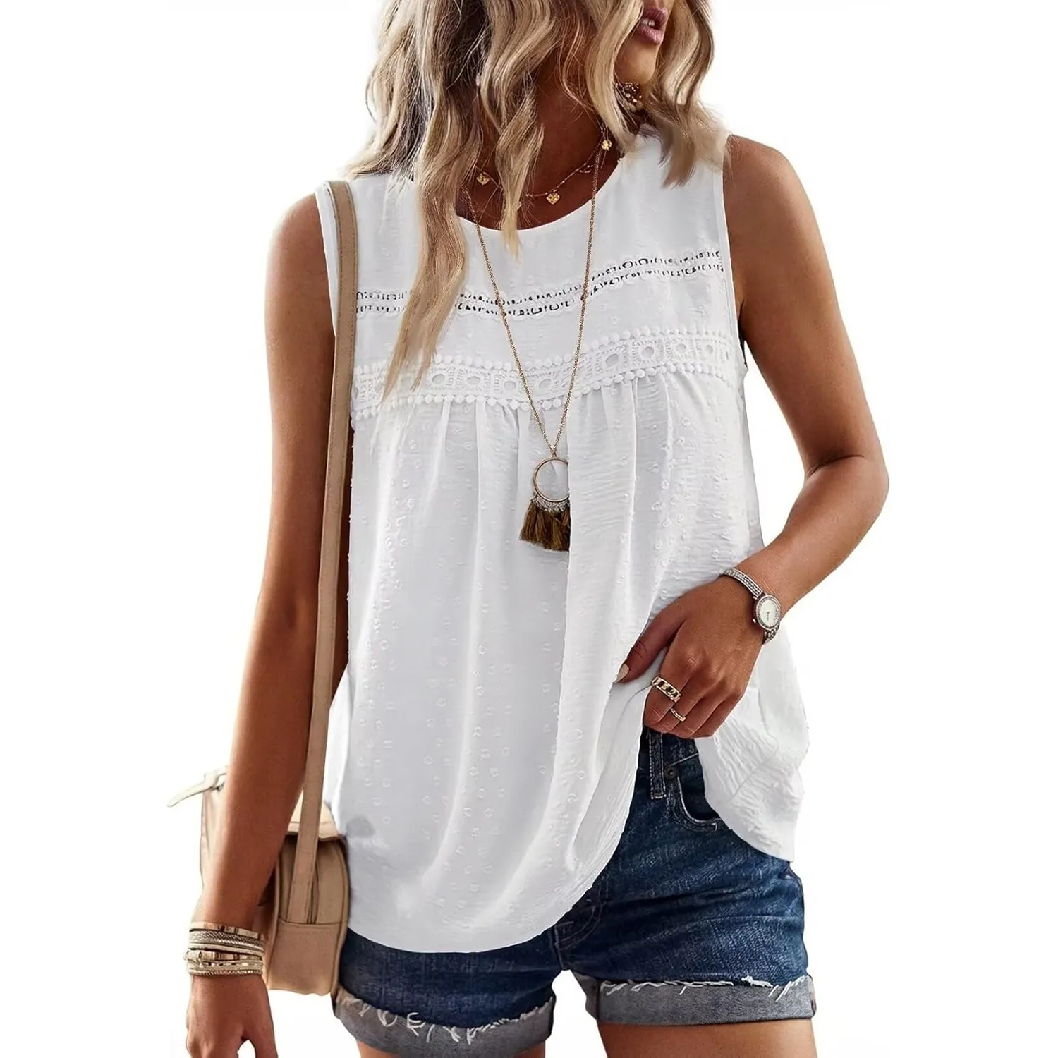 Tank Top Damen Sommer Boho Bluse Ärmellose Oberteile Fließend Elegant Rundhal T Shirt Lässig Basic Sexy Spitze Outfits