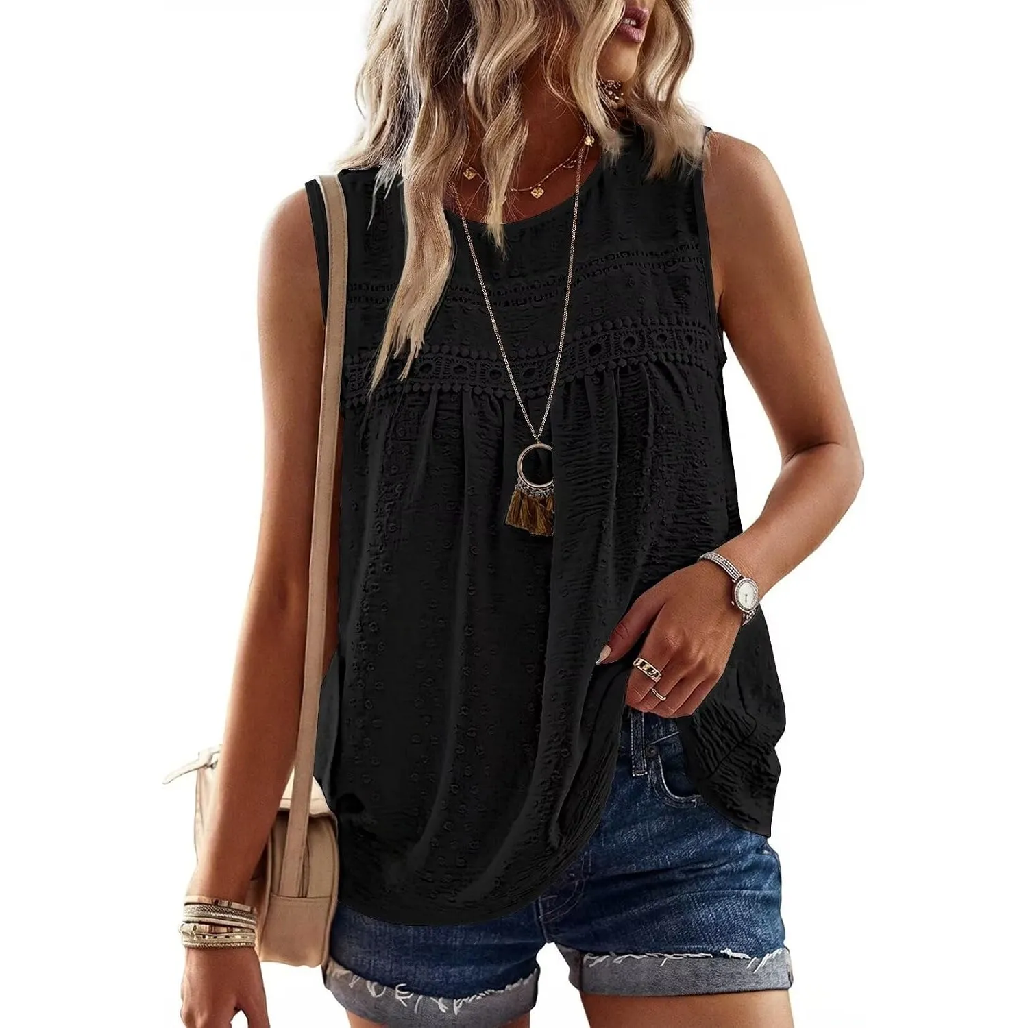 Tank Top Damen Sommer Boho Bluse Ärmellose Oberteile Fließend Elegant Rundhal T Shirt Lässig Basic Sexy Spitze Outfits