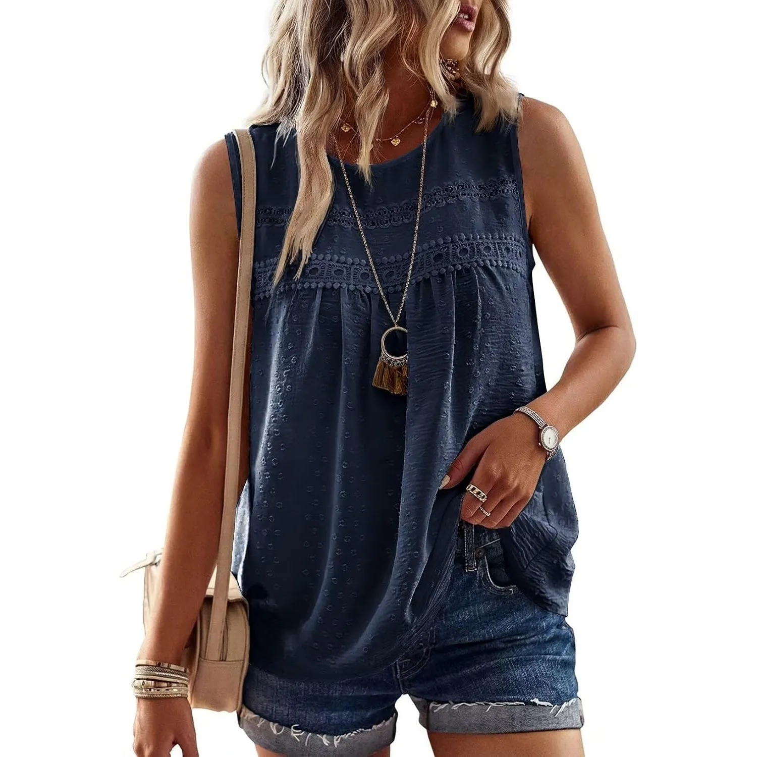 Tank Top Damen Sommer Bluse Ärmellose Oberteile Elegant Swiss Dot | Rundhal Ausschnitt Oberteile, Boho Swiss Dot T Shir…