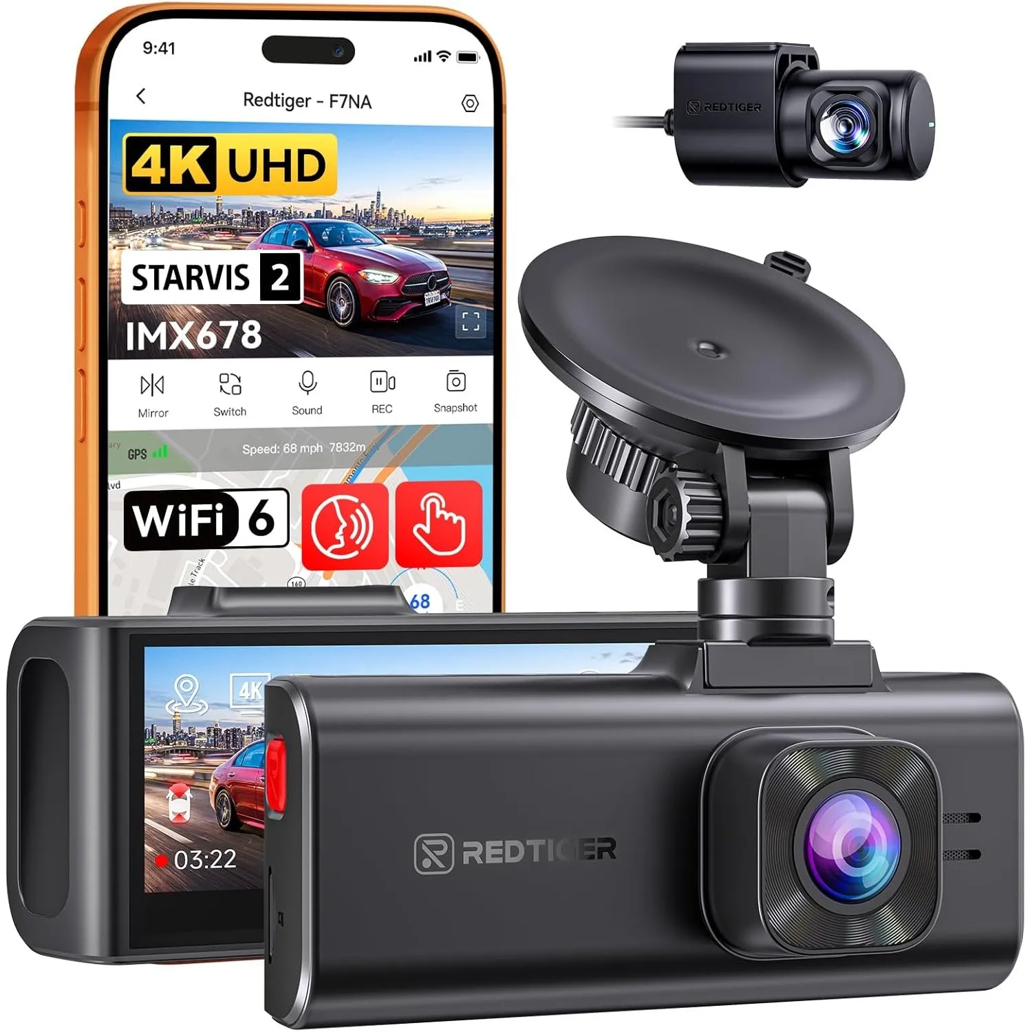 REDTIGER F7NA 4K Dashcam Vorne Hinten, STARVIS 2 IMX678 8MP Ultra HD Autokamera, 5.8GHz WLAN(20MB/s), GPS & Sprachsteue…