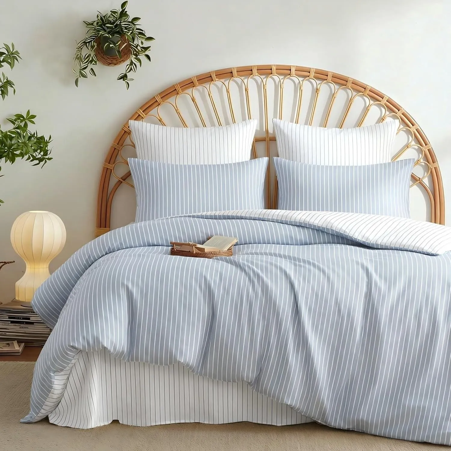 Freyamy Bettwäsche 135x200 Baumwolle Blau Weiß Gestreifte Bettwäsche Set