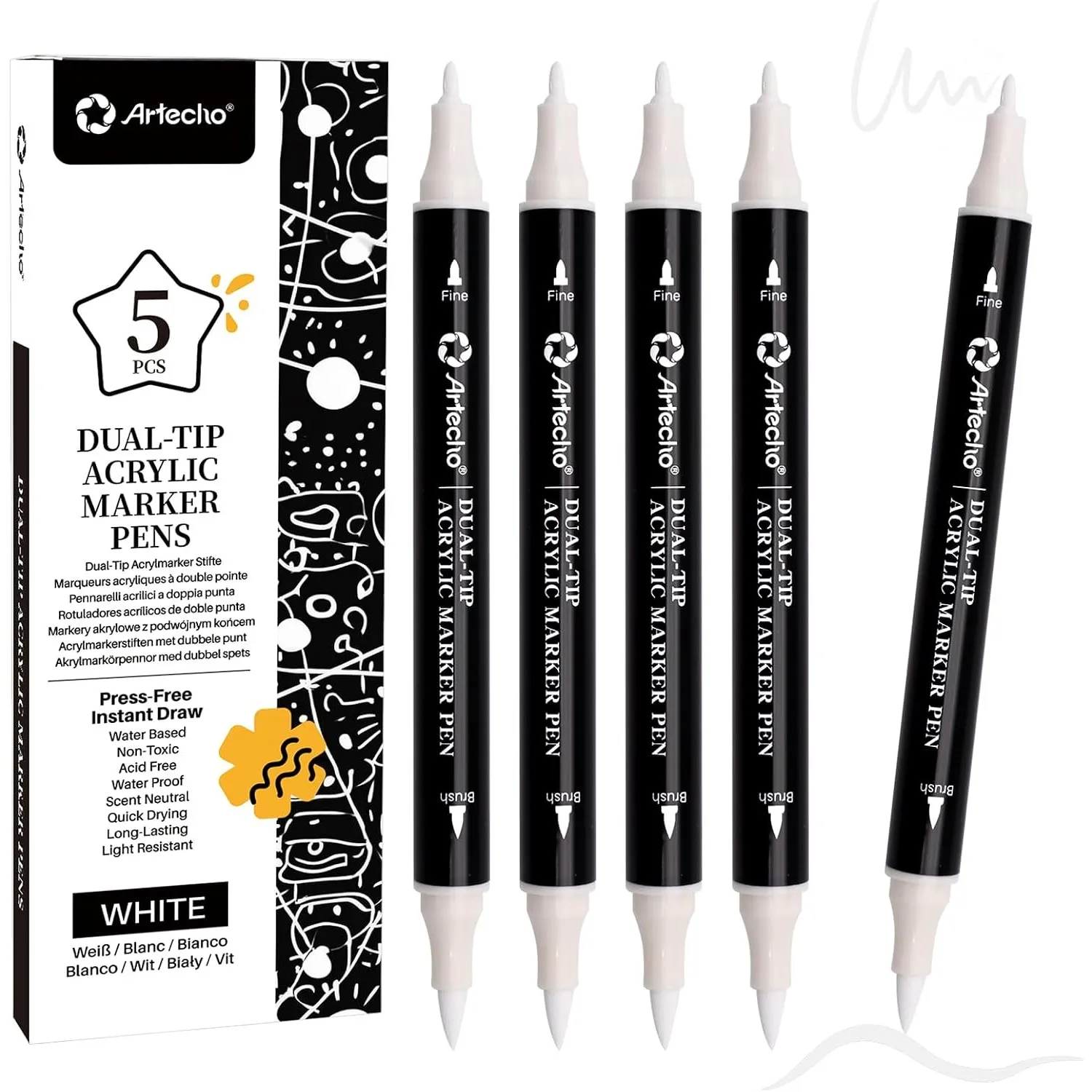 Artecho Acrylstifte 5 Weiß Farben, 0.5-5mm Wasserfester Dual Tip Marker (Pinsel und feine Spitze), mit doppelten Enden …