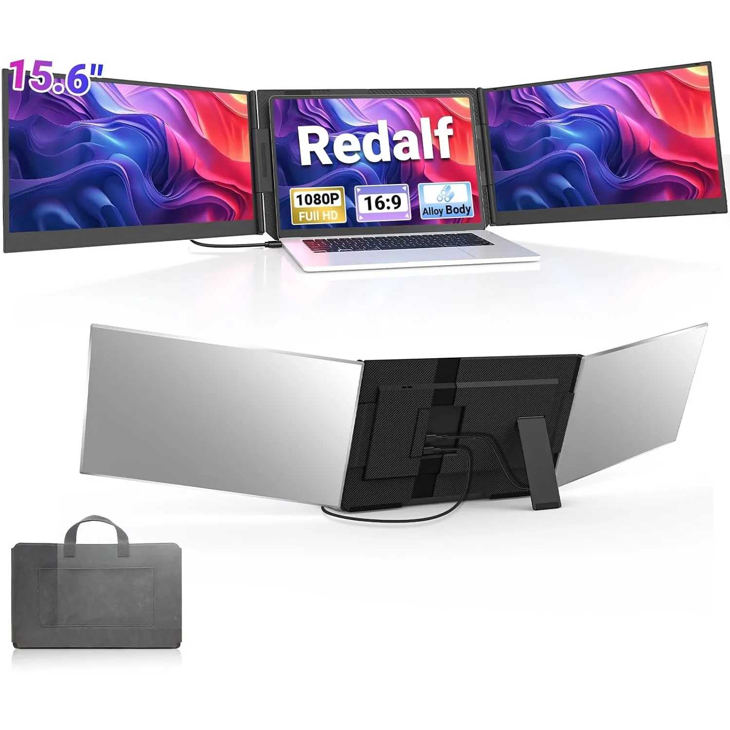15,6" Laptop Bildschirm Erweiterung, ultraleichter 1080P FHD tragbarer Dreifach-Monitor für 13–17,3"Laptops, USB-C/HDMI…