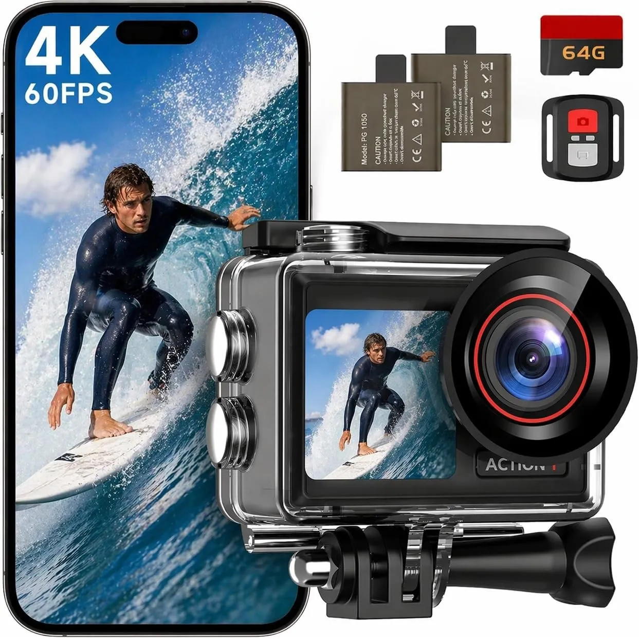 syndesmos Action Cam 4K 60FPS, 40M Unterwasserkamera, 30MP HD Unterwasserkamera Schnorcheln 2 LCD Bildschirm, Wasserdic…