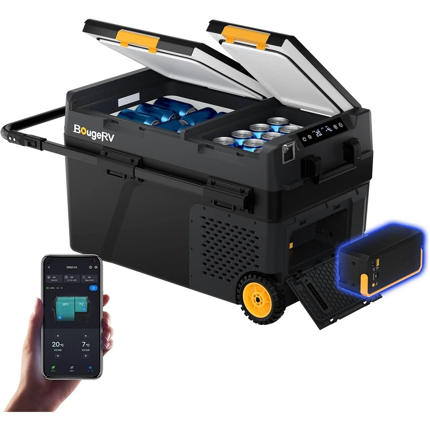 BougeRV CRD2 V2.0 40L Kompressor Kühlbox mit Akku 240Wh, Doppeltür Dualzonen Akku Kühlbox mit Rollen & Griff 12V/24V 23…