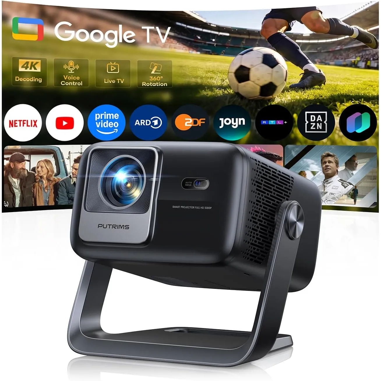 Beamer 4K mit Google TV, Autofokus, 360° Drehständer für Heimkino & Outdoor | Smart Beamer Unterstützt 30W Lautsprecher…