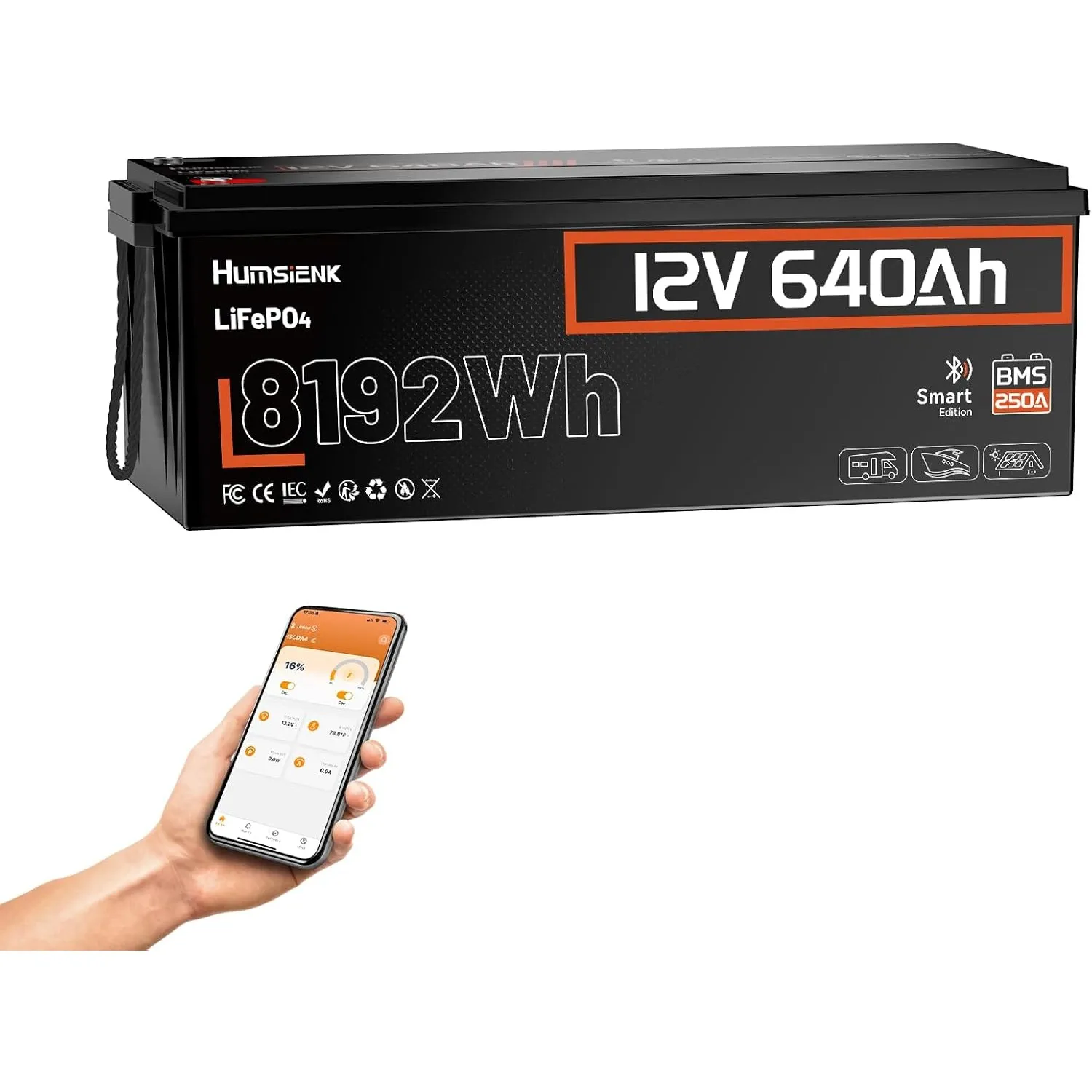 HumsiENK 12V 640Ah LiFePO4 Lithium-Akku mit Bluetooth, 250A BMS, über 15.000 Ladezyklen, IP65-Schutz und Schutz bei nie…