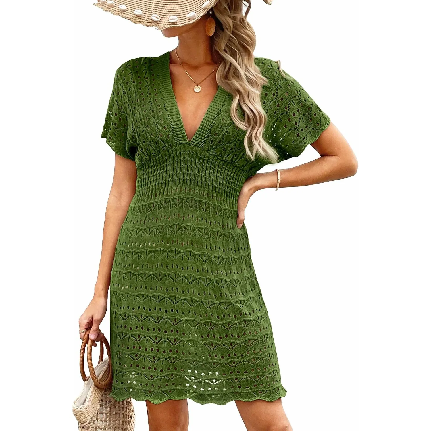 Desol Bikini Cover Up Strandkleid Damen Aushöhlen Häkelkleid Strand Strandtunika Damen Sommer V-Ausschnitt Strandponcho…