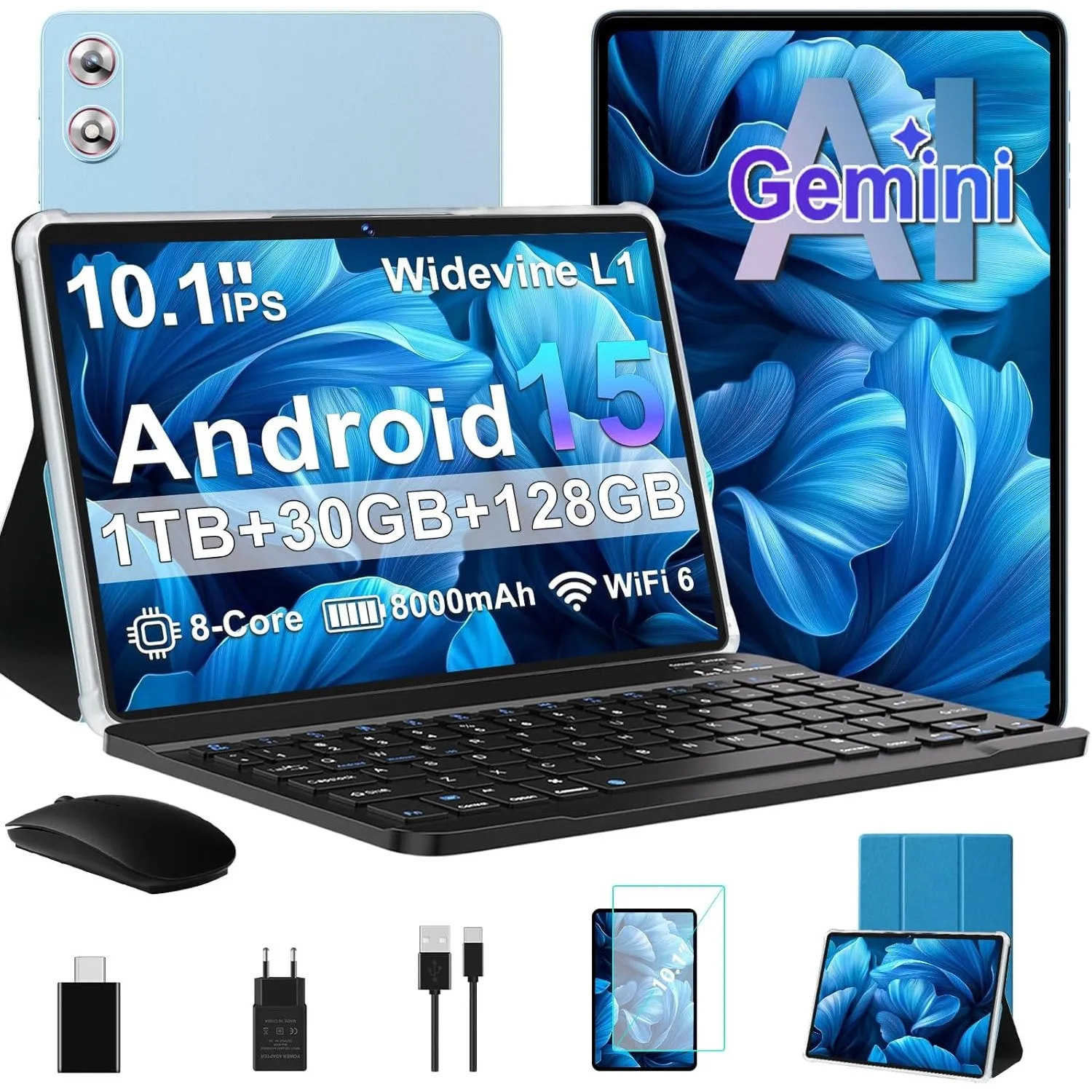 Tablet 10 Zoll Android 15 Tablets Gemini AI,30GB RAM+128GB ROM,8000Mah,Blau