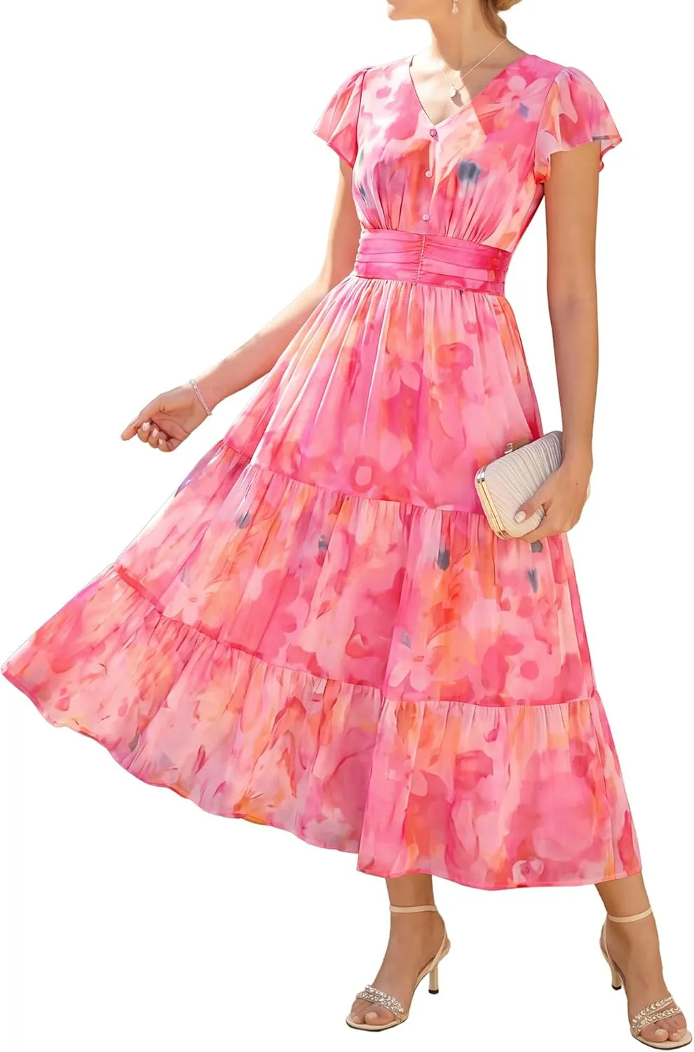GRACE KARIN Women's Ruffle Sleeve V-Neck Midi Dress A-line Flower Summer Dress with Pockets