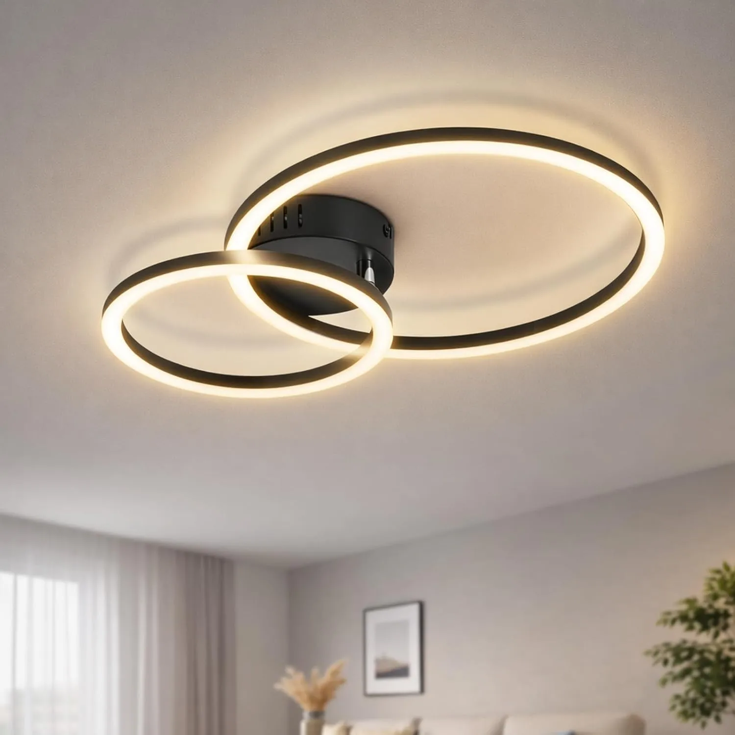 Homefire Deckenlampe Wohnzimmer LED Deckenleuchte 2-Ringe - 40cm Schwarz Küchenlampe Decke 3000K Warmweiß 23W Wohnzimme…