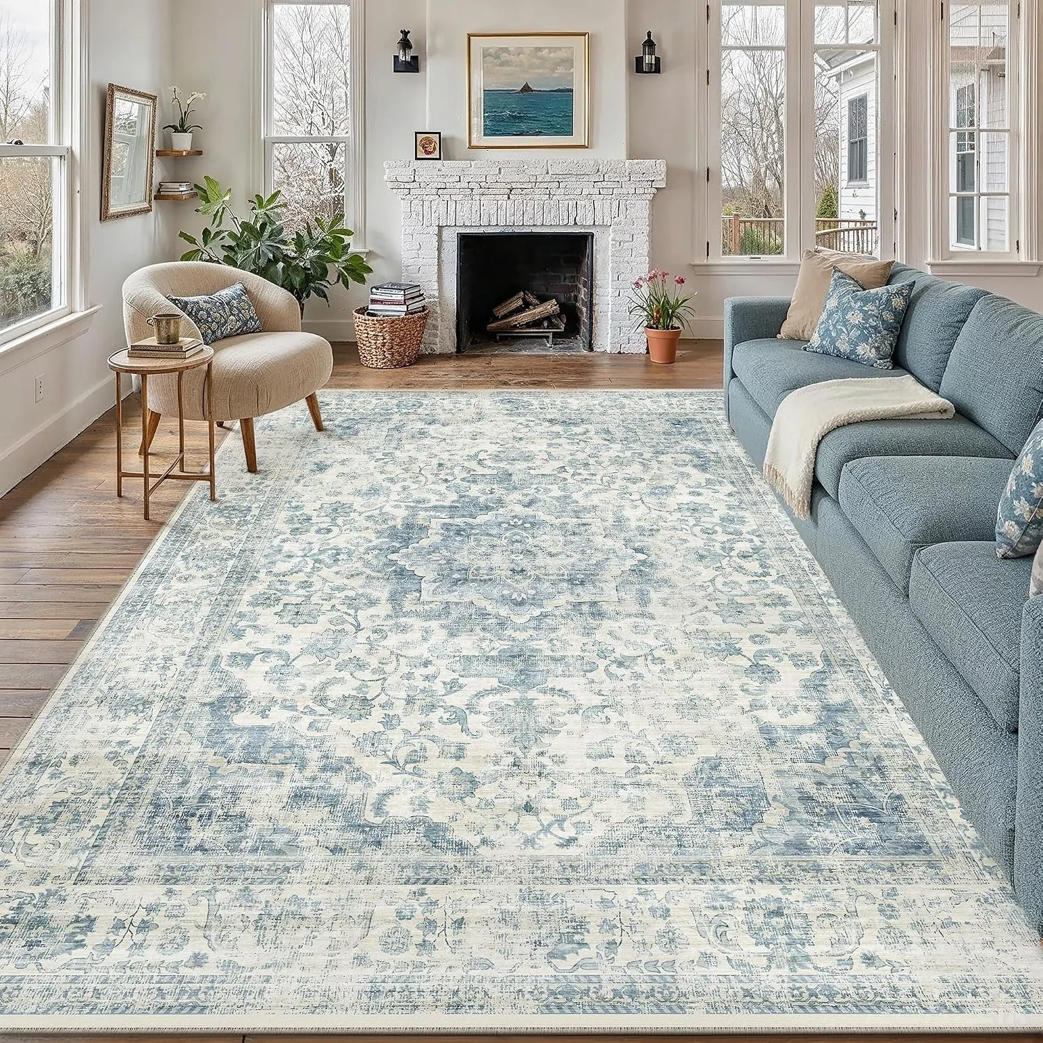 PureCozy Vintage Waschbarer Teppich Wohnzimmer 200x300cm Blau rutschfest