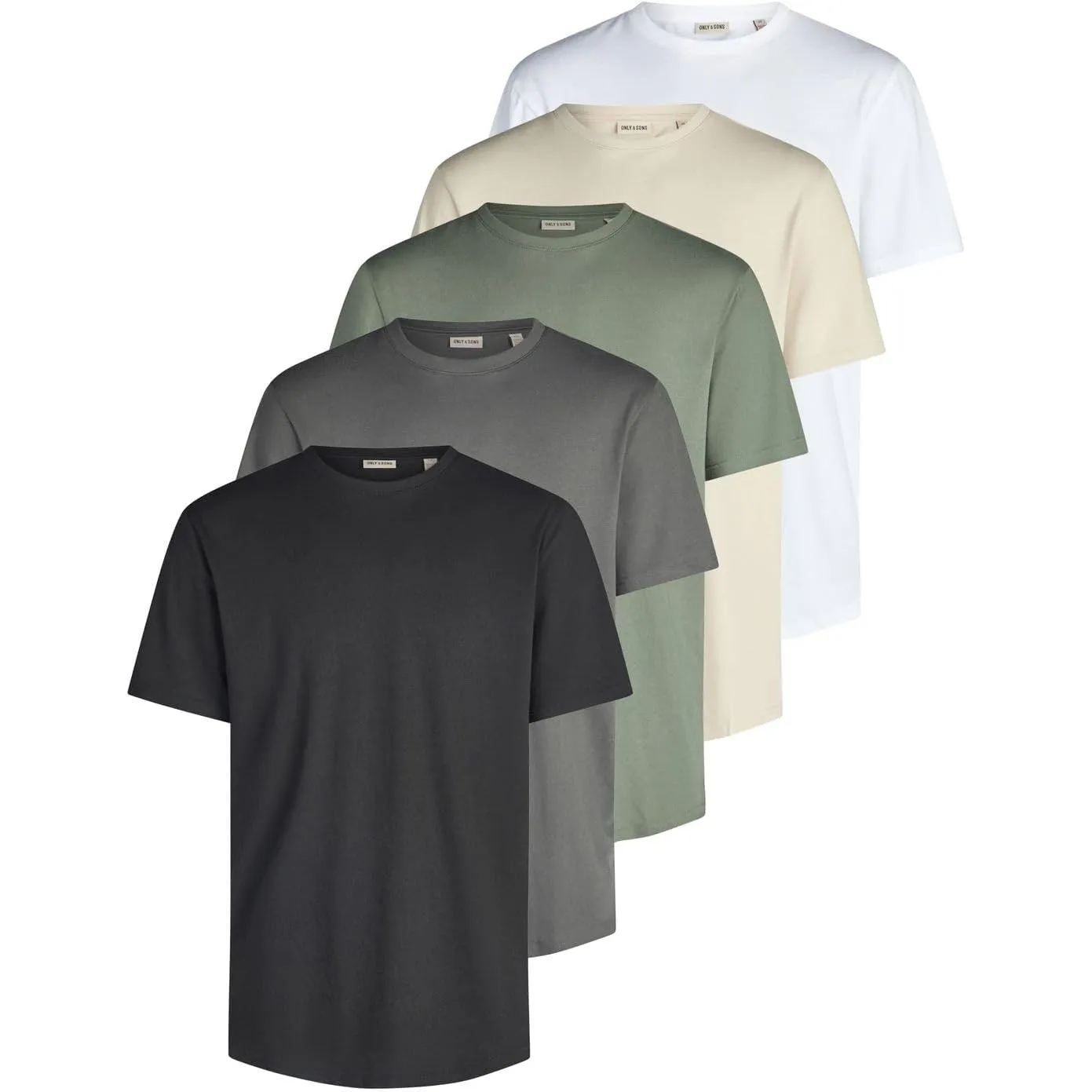 Only & Sons Tshirt Herren Regular Fit ONSJEFF LONGY 5er Set Pack lang geschnitten Rundhals Kurzarm Sommer Tee Shirt Bas…