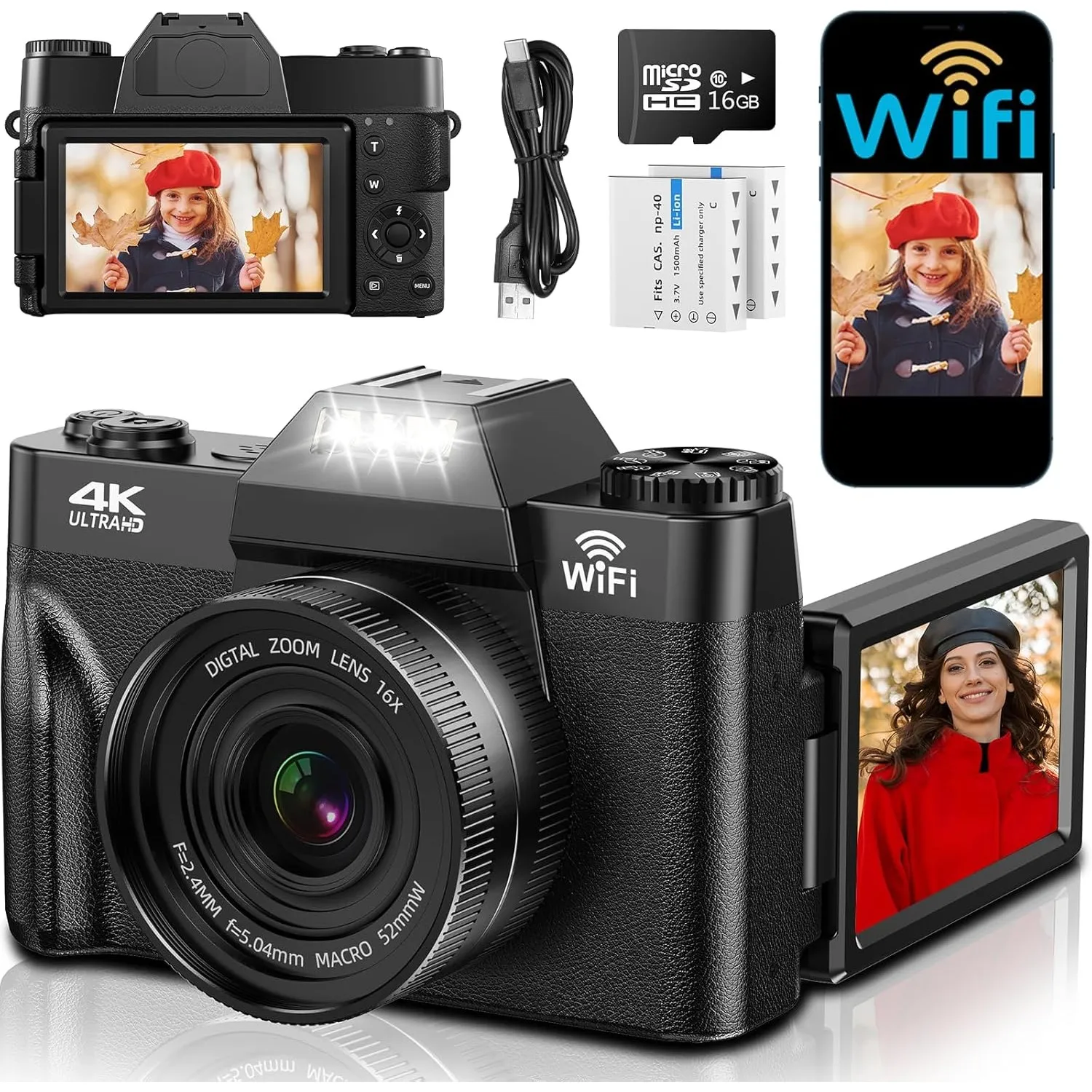 4K Digitalkamera mit WLAN, 75MP Kompaktkameras - 3 Inch 180 Grad Autofokus Wiederaufladbare Vlogging Fotoapparat Kamera…