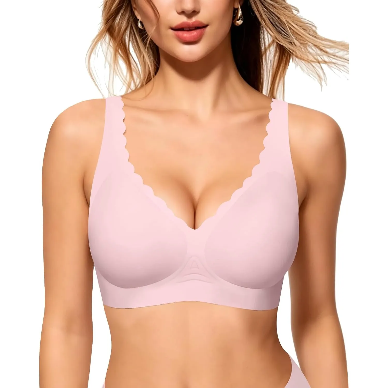 HORISUN Eleganter Bügelloser BH Damen Nahtloser Push Up V-Ausschnitt mit Wellrand T-Shirt BH Gepolsterte Körbchen Verst…