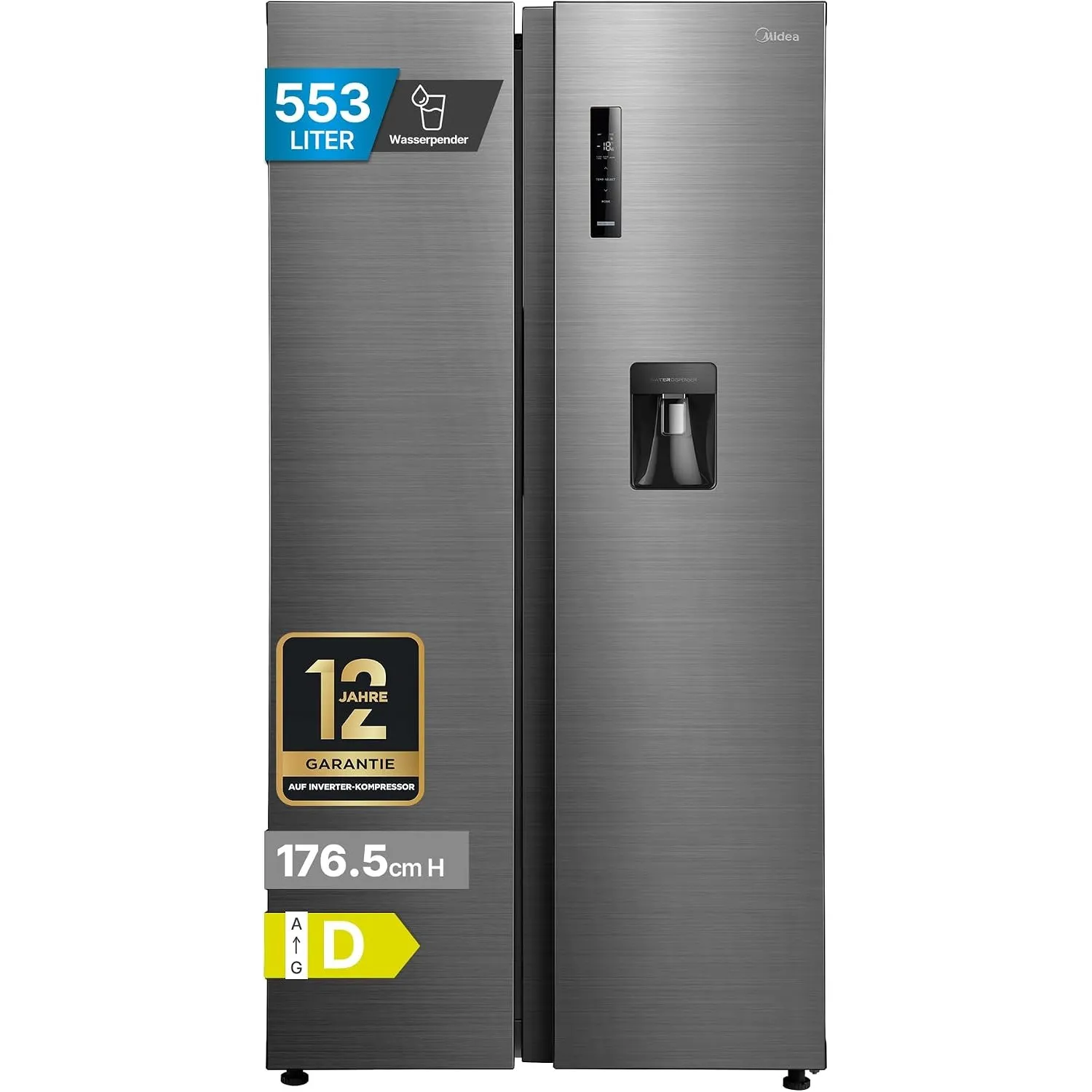 Midea Side-by-Side Kühlschrank Freistehend (553L, No Frost) - Kühl-Gefrierkombination mit Wasserspender (ohne Festwasse…
