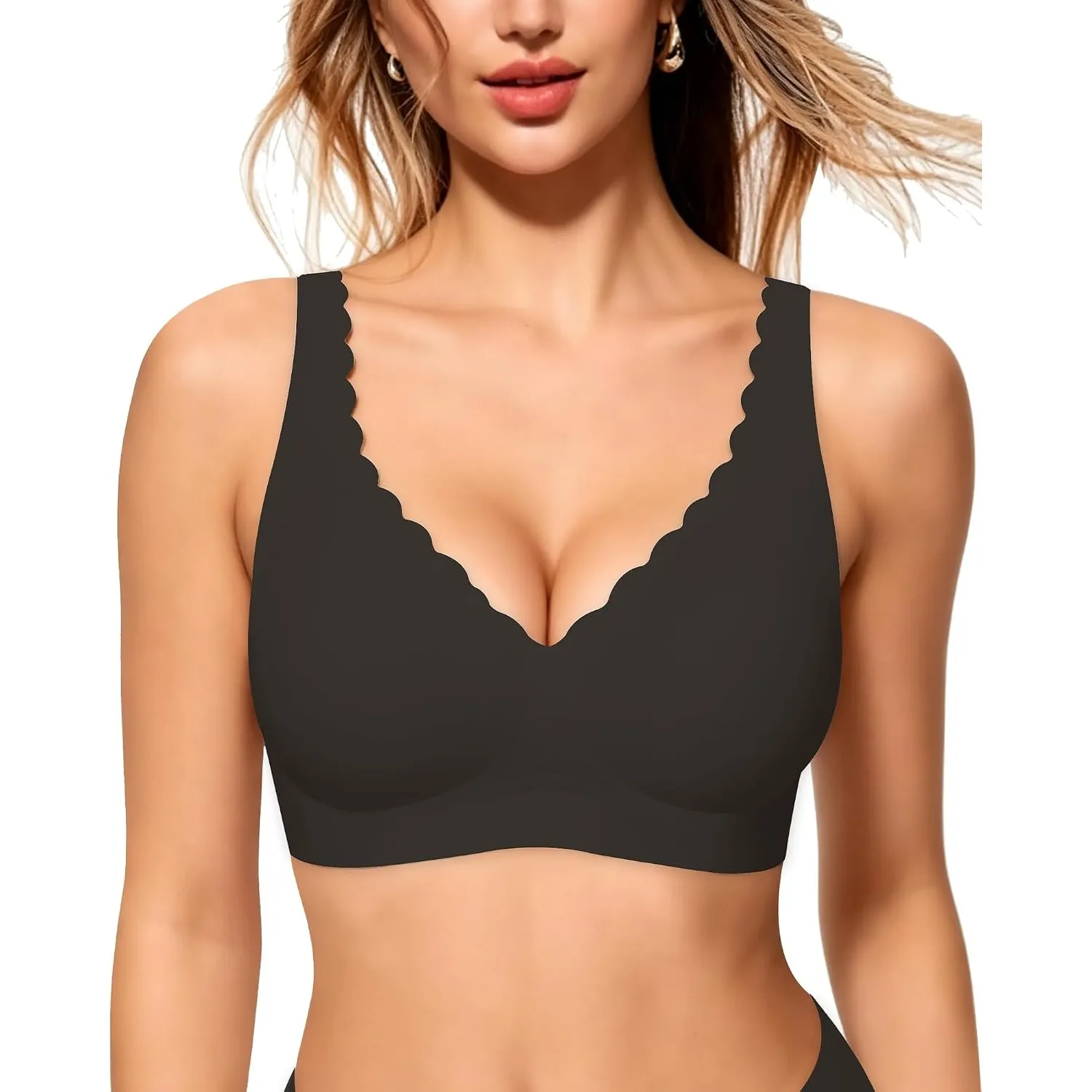 HORISUN Eleganter Bügelloser BH Damen Nahtloser Push Up V-Ausschnitt mit Wellrand T-Shirt BH Gepolsterte Körbchen Verst…