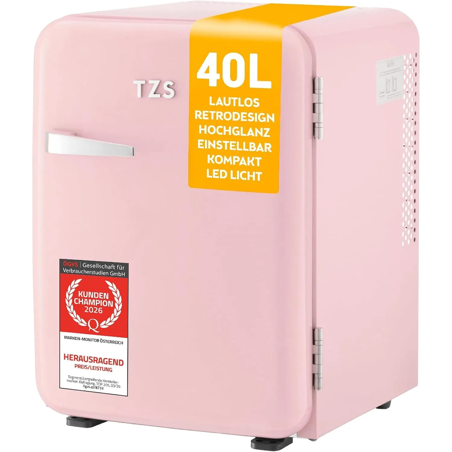 TZS First Austria - Retro Mini Kühlschrank 40L - Lautlos - Vintage Minibar für Schlafzimmer & Büro - rosa