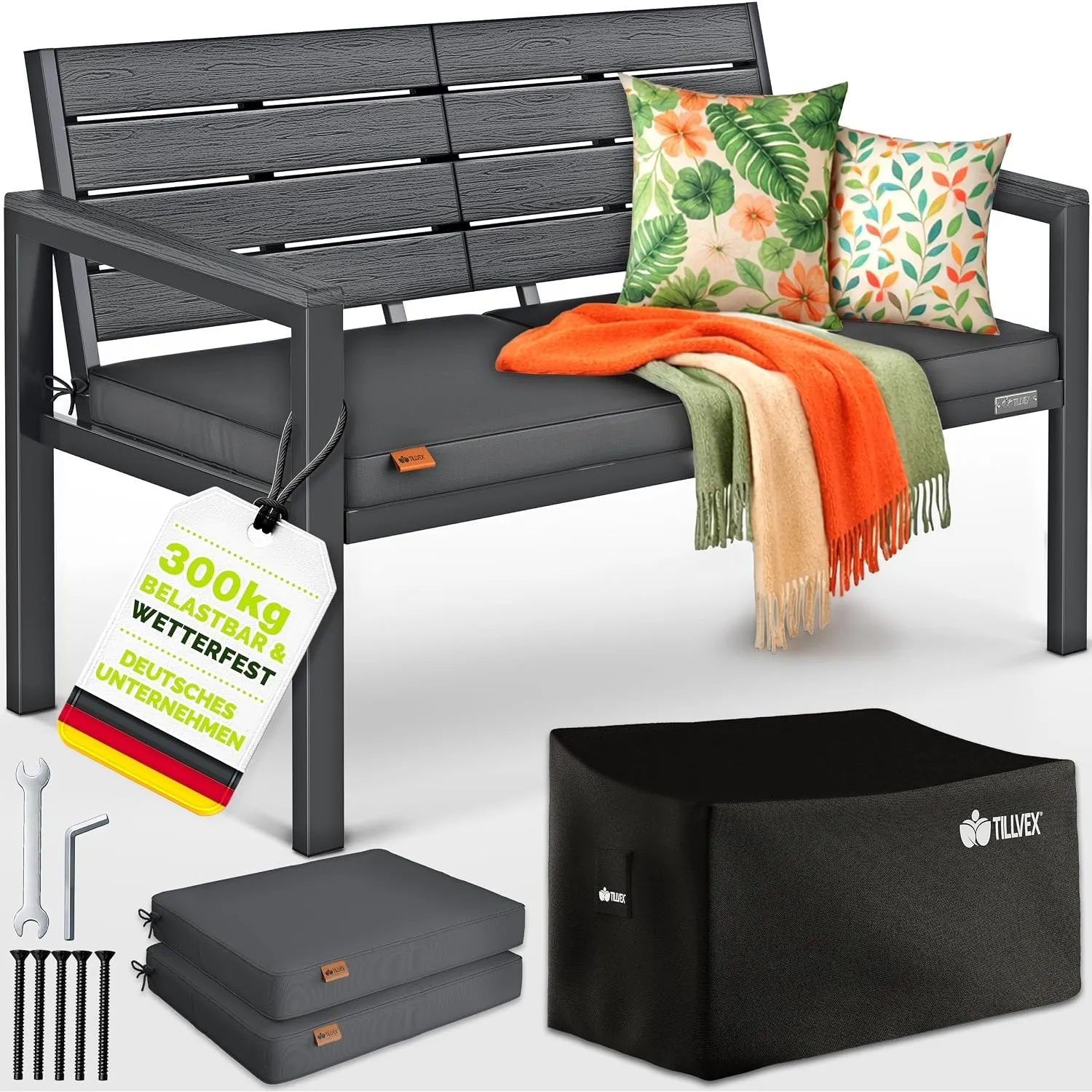 tillvex® Gartenbank Wetterfest 2-3 Sitzer mit Abdeckung & Kissen bis 300kg