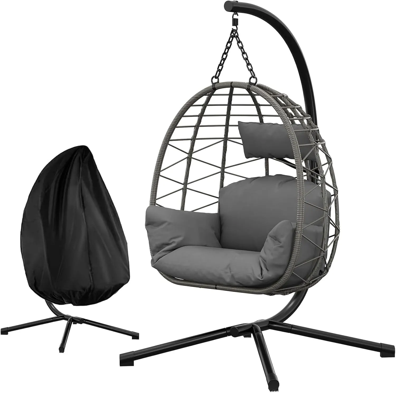 Hanging Chair with Frame Outdoor up to 150 kg, Rattan Hanging Chair with Metal Frame, Weatherproof PE Rattan Hanging Se…