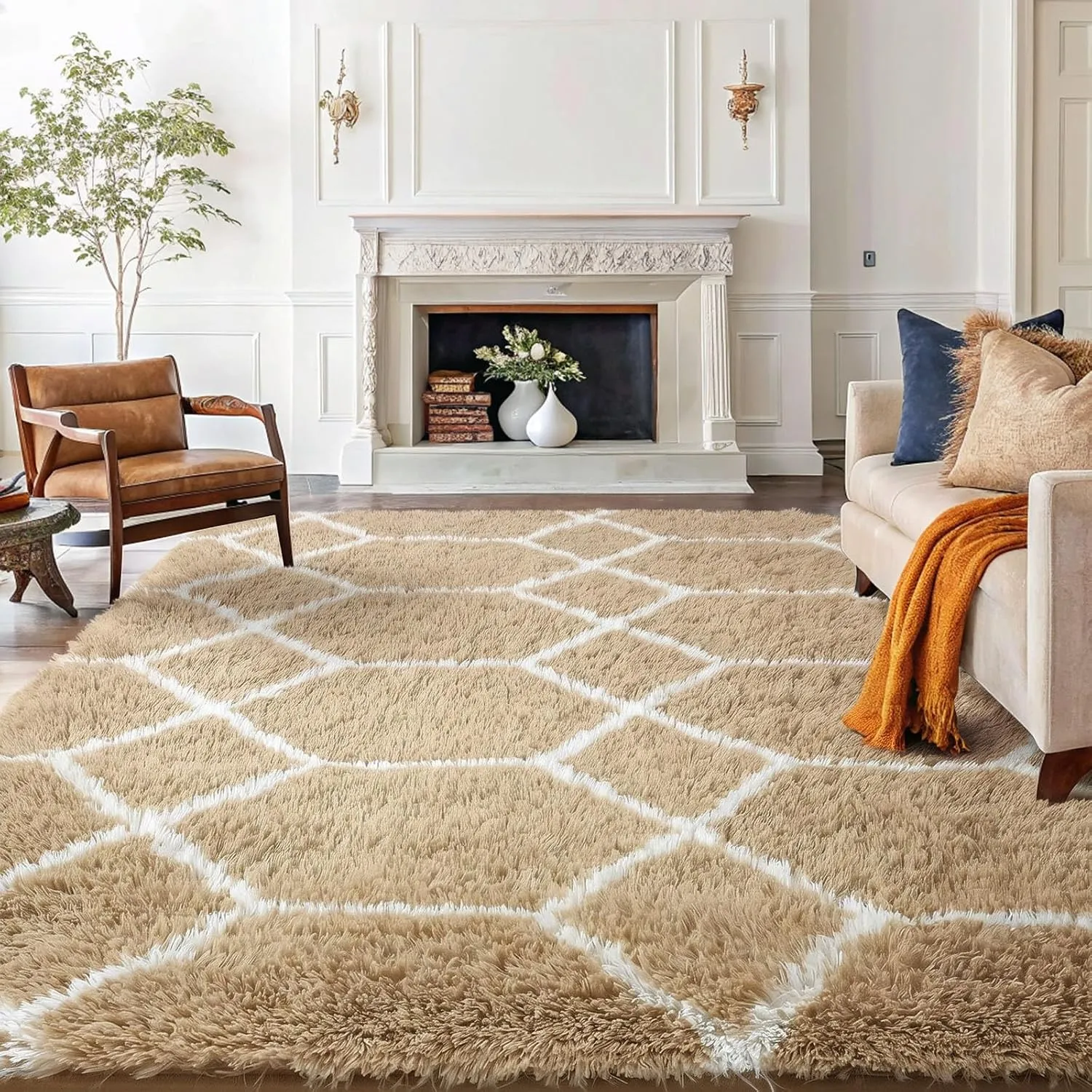 Homaxy Hochflor Flauschig Teppich Wohnzimmer, 240x340cm, Beige Weiß