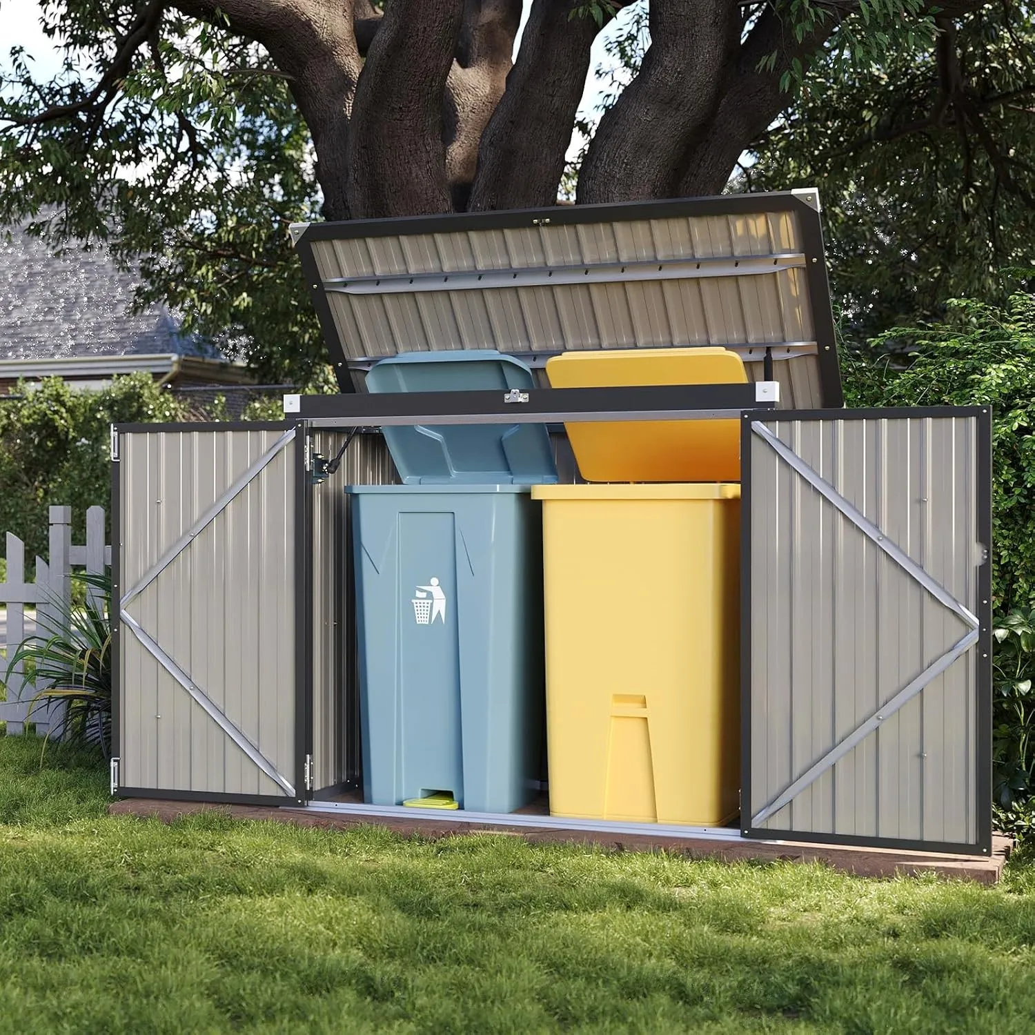 Aoxun 150x117x80 Metall Gerätehaus, Mülltonnenbox für 2 Tonnen, Wetterfester Gartenschrank mit Kettenzug-Deckel & Gasdr…