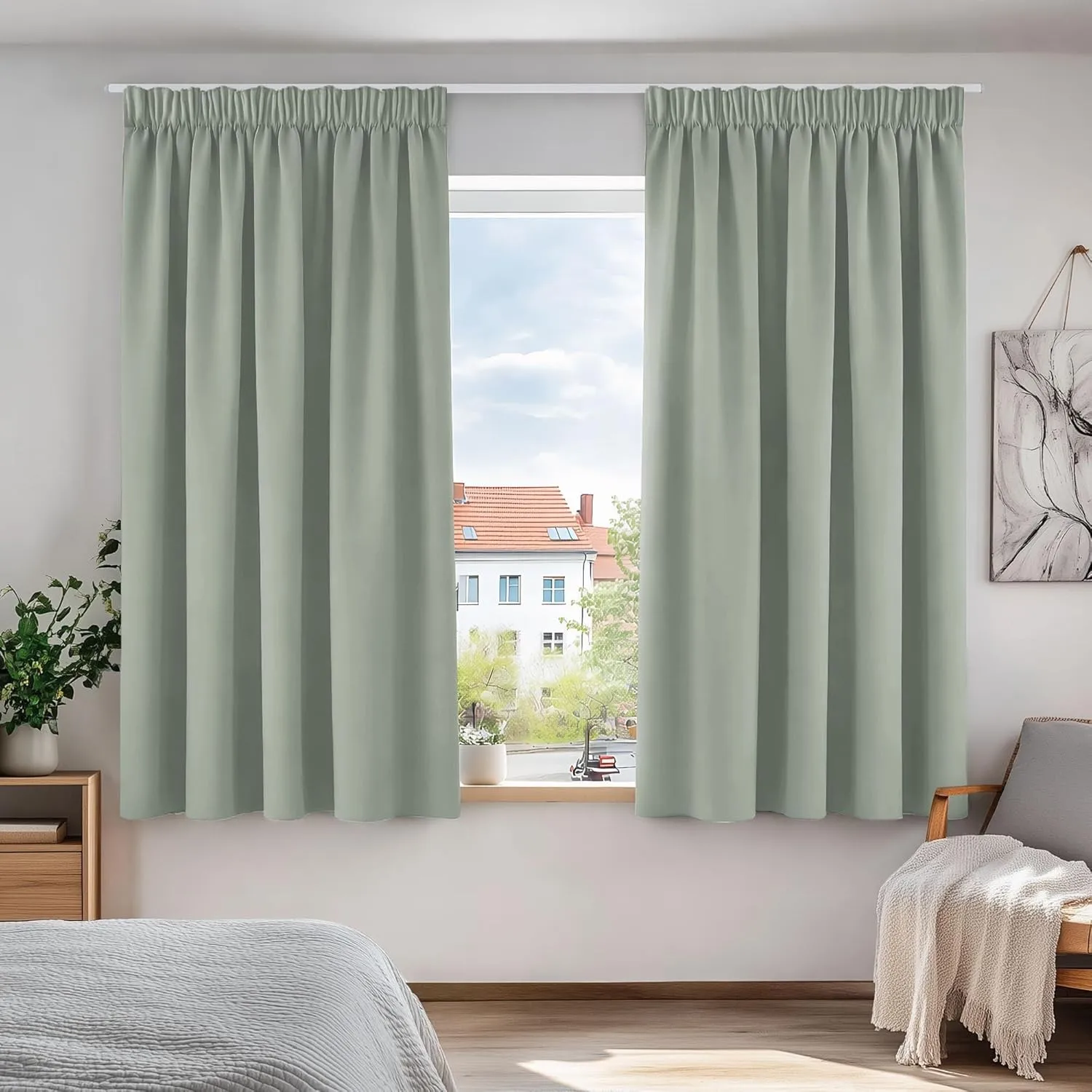 Deconovo Gardinen für Schienensystem Blickdicht Vorhänge Deko Salbeigrün | 2er Set, H 145 x B 140 cm, Vorhänge mit Kräu…