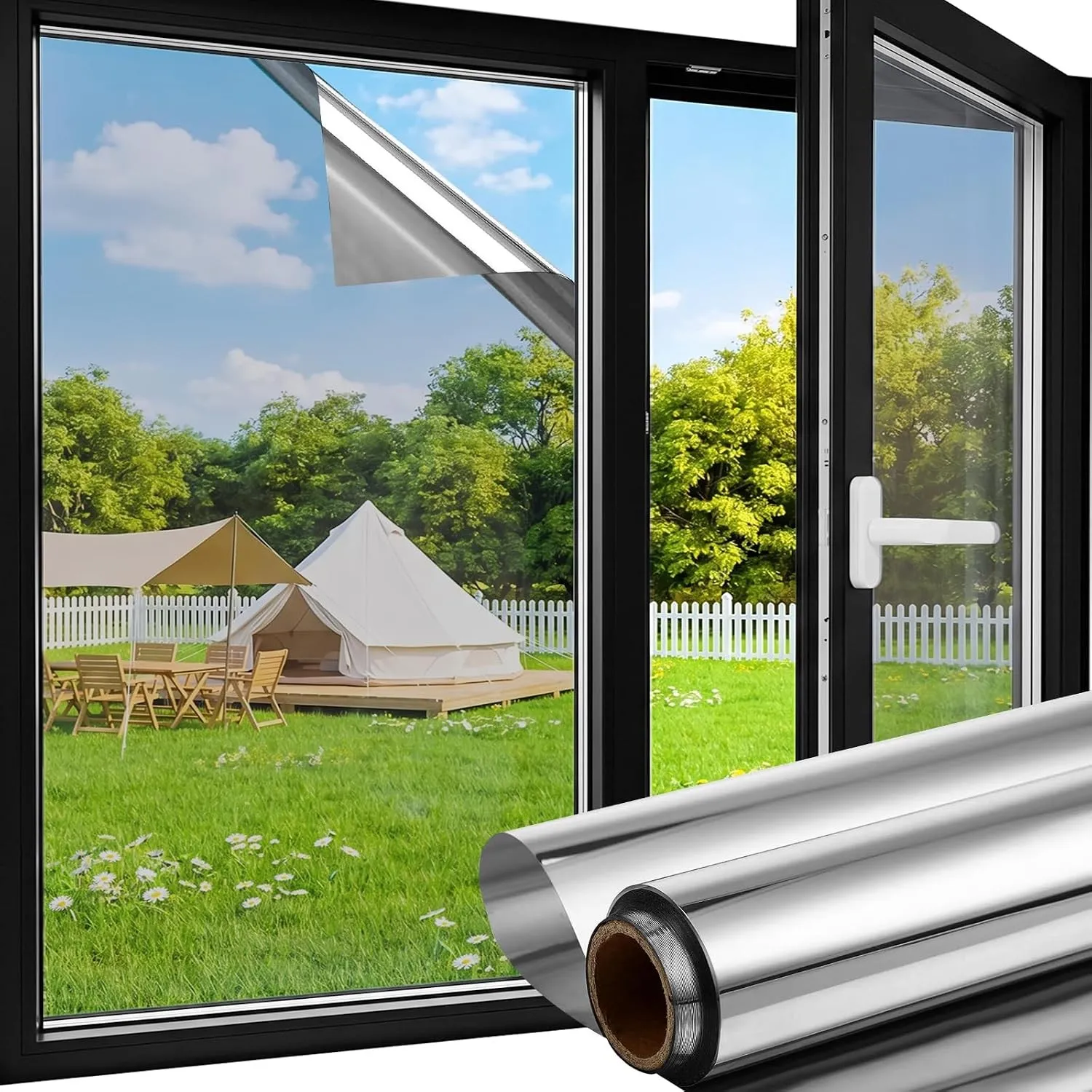 Spiegelfolie Fenster Selbstklebend 44.5 x 200 cm, Silber, Fensterfolie Blickdicht von Außen, Hitzeschutz & Sonnenschutz…