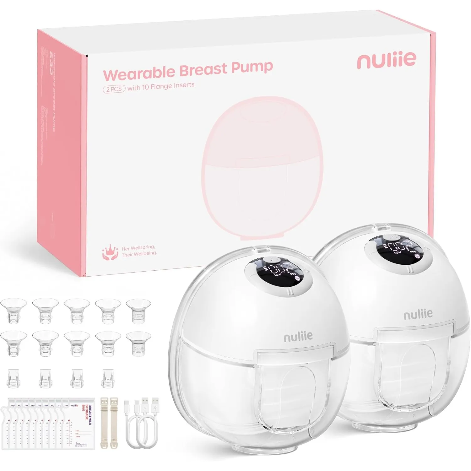 Nuliie S32 Elektrische Milchpumpe Tragbar, 2 Packs, Weiß