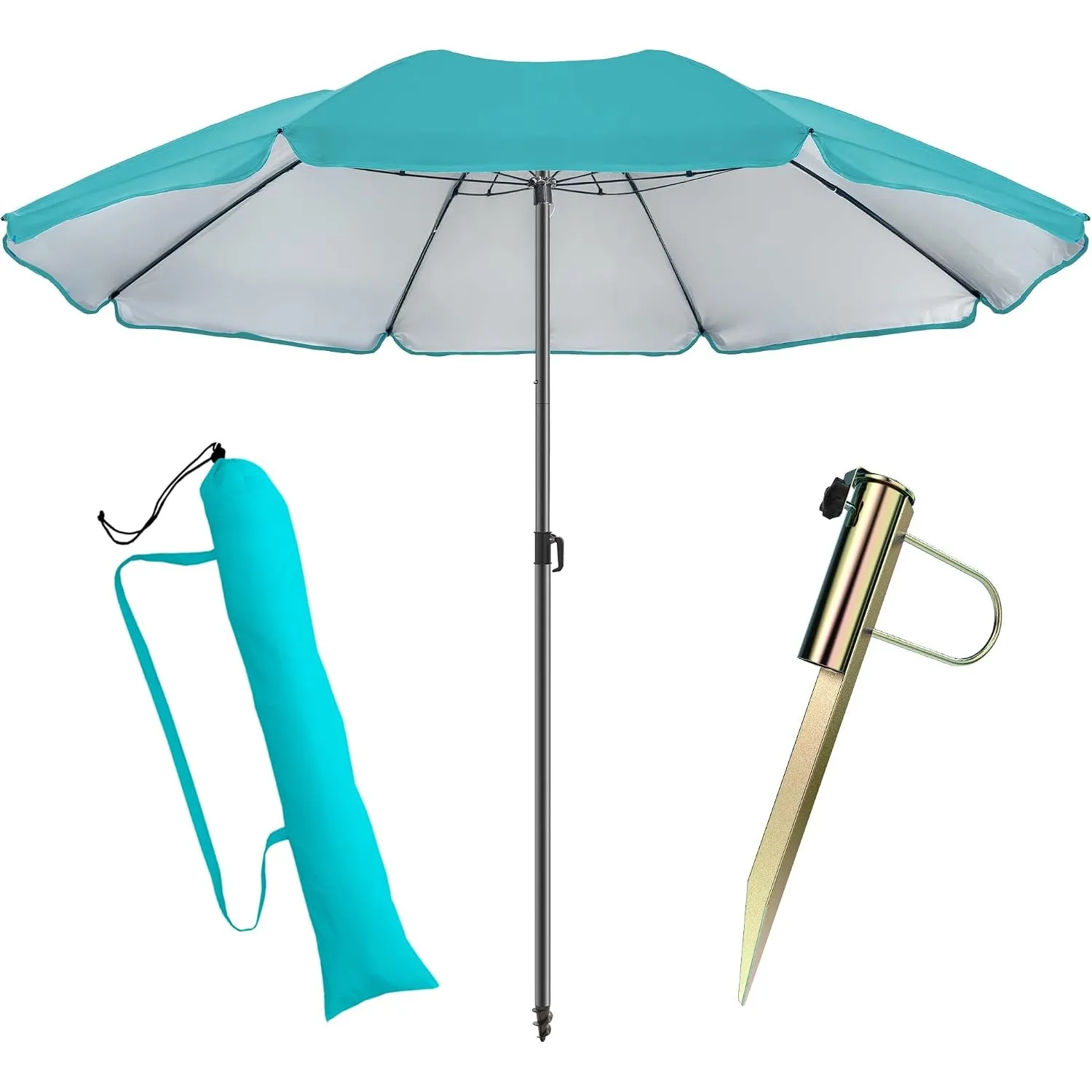 Menz Sonnenschirm Strand Ø 180 cm mit Rasendorn 3-in-1 SET, Türkis | UPF 50+ Strandschirm windfest stabil + Schirmhülle…