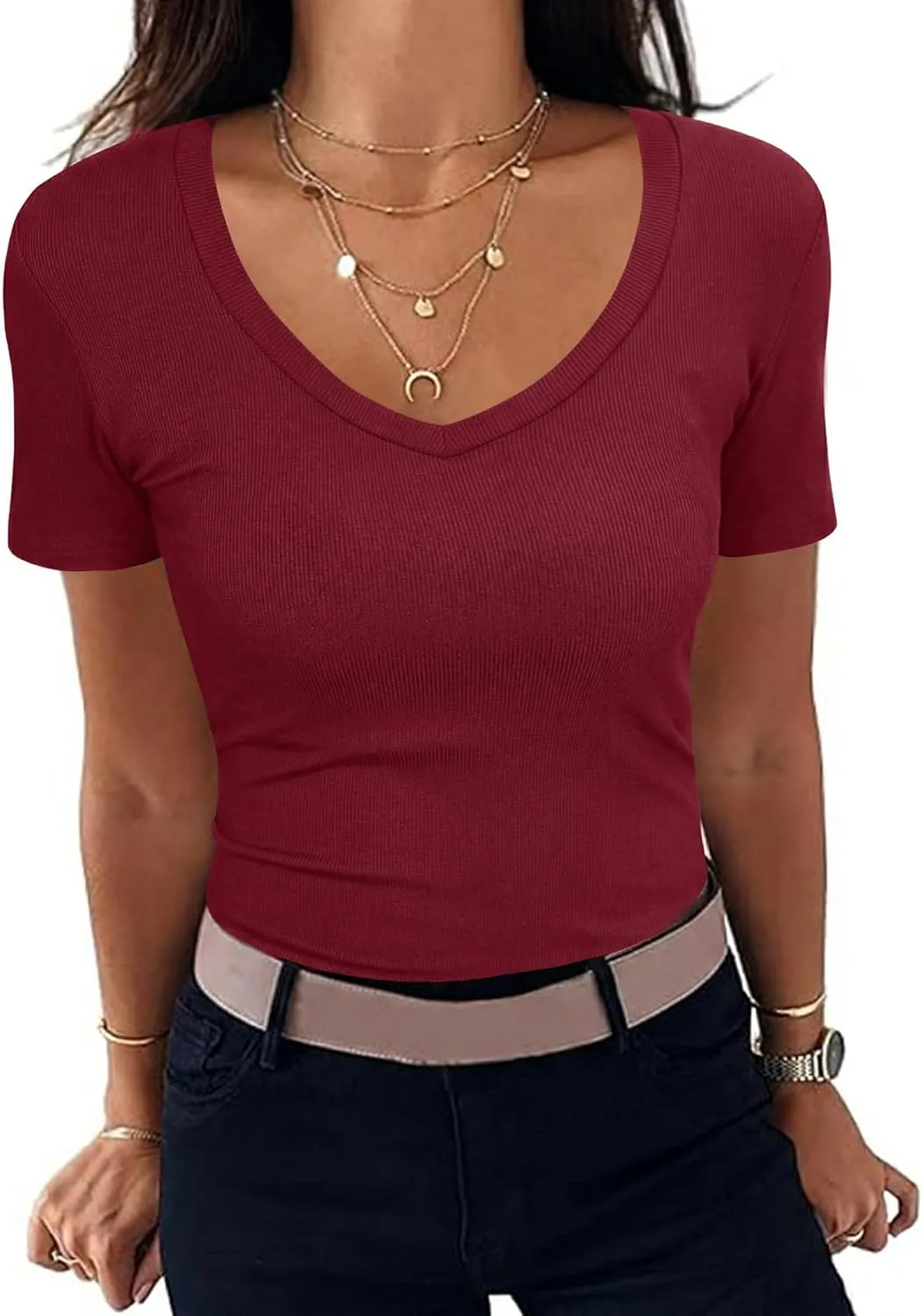Aottori Damen T-Shirt V-Ausschnitt Elegant Oberteile Kurzarm Gerippt Basic Tee Shirts Slim Fit Tshirt Stretch Casual So…