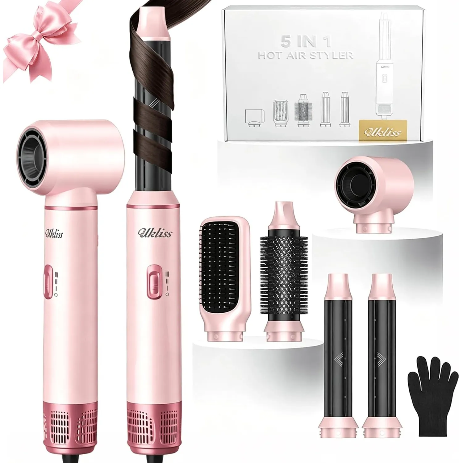 UKLISS Air Styler 5 in 1 Hairstyler Föhnbürste [mit Air Lockenstab] - Rosa