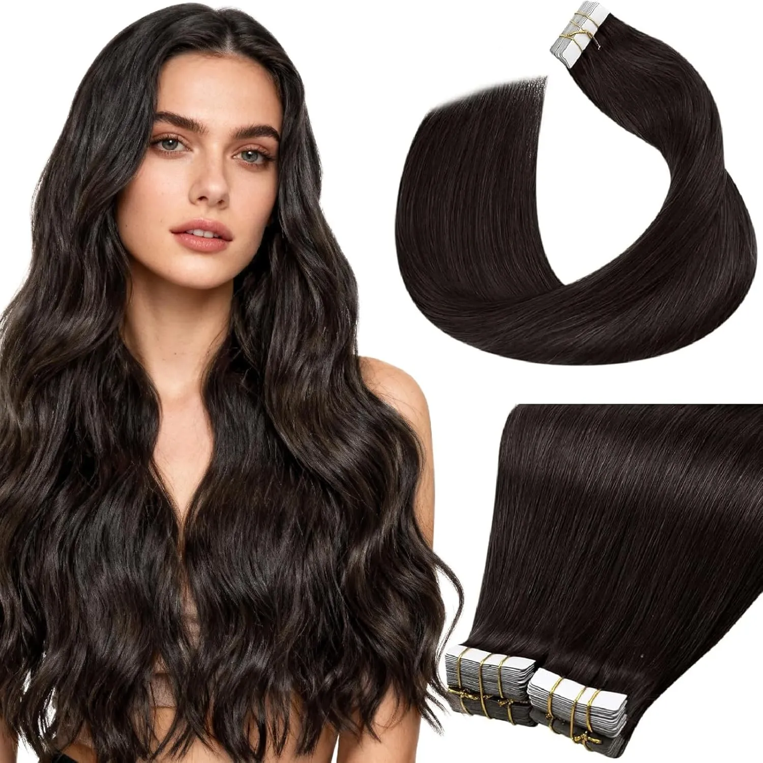 LaaVoo Tape Extensions Echthaar Braun Haarverlängerung Echthaar Tape in Dunkelbraun 100g 40pcs #2 55cm