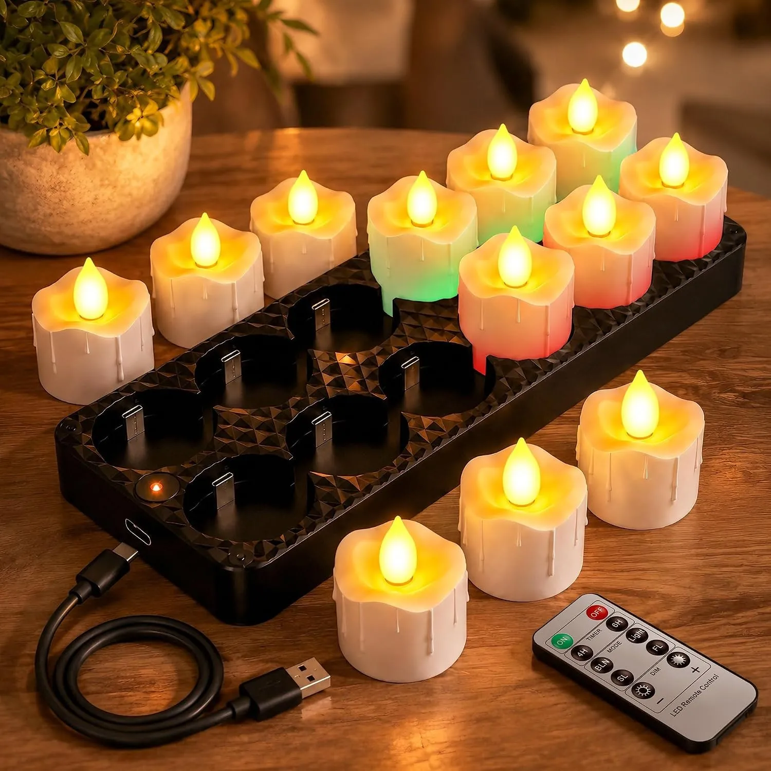 LED-Teelichter-Wiederaufladbare-Fernbedienung-Timerfunktion-Ladestation