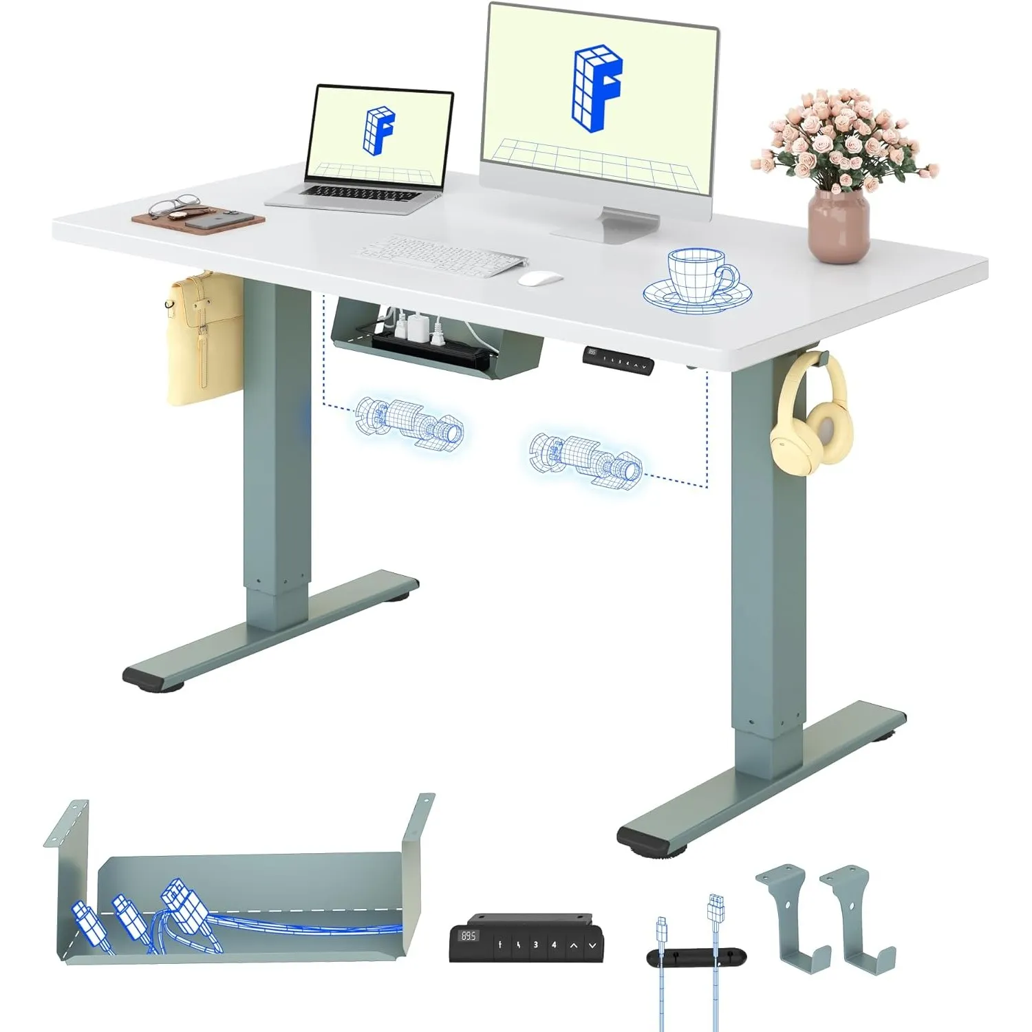 FLEXISPOT Höhenverstellbarer Schreibtisch elektrisch, Doppelmotor 120x60 cm | 25 mm einteilige Tischplatte, Kabelmanage…