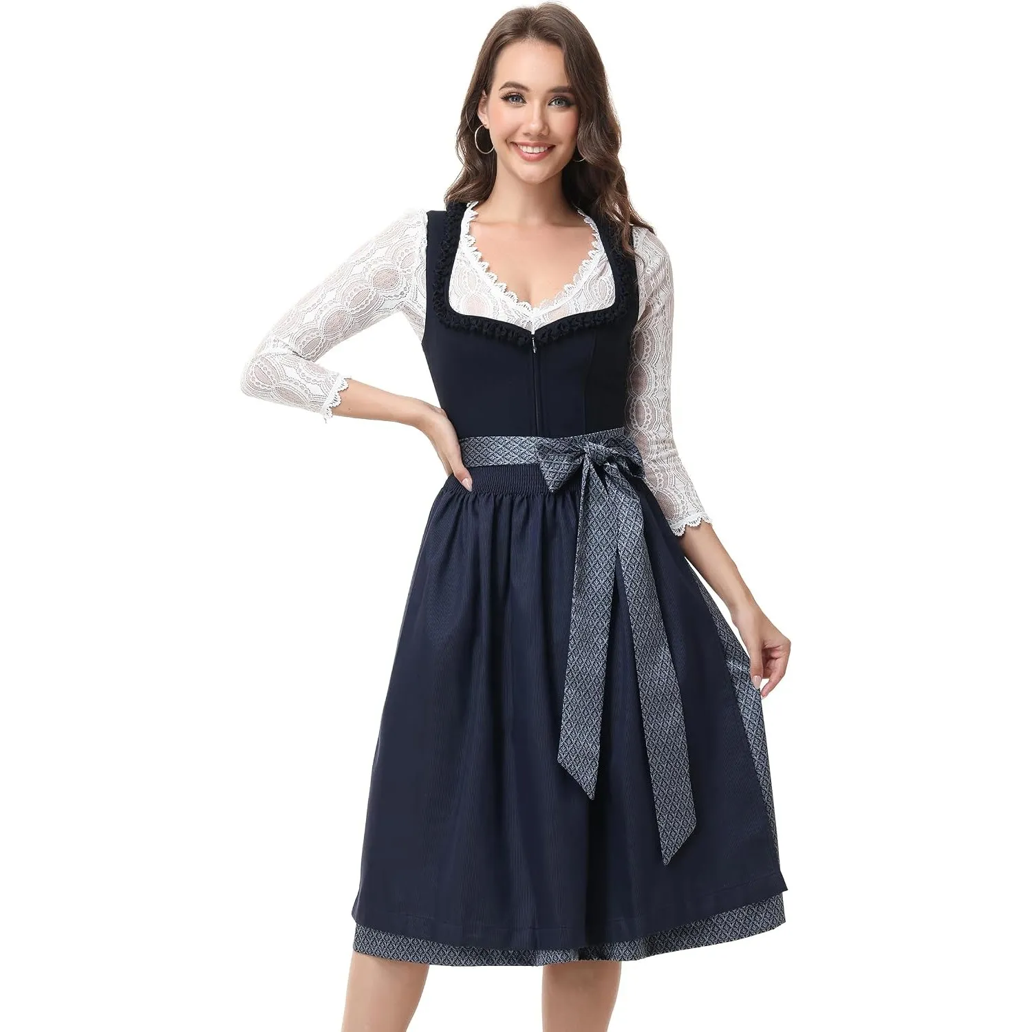ELFIN Damen Midi Dirndl Samt Trachten Dirndlkleid Elegante Trachtenkleid für Oktoberfest inkl. Dirndlschürze Gr. 34-46