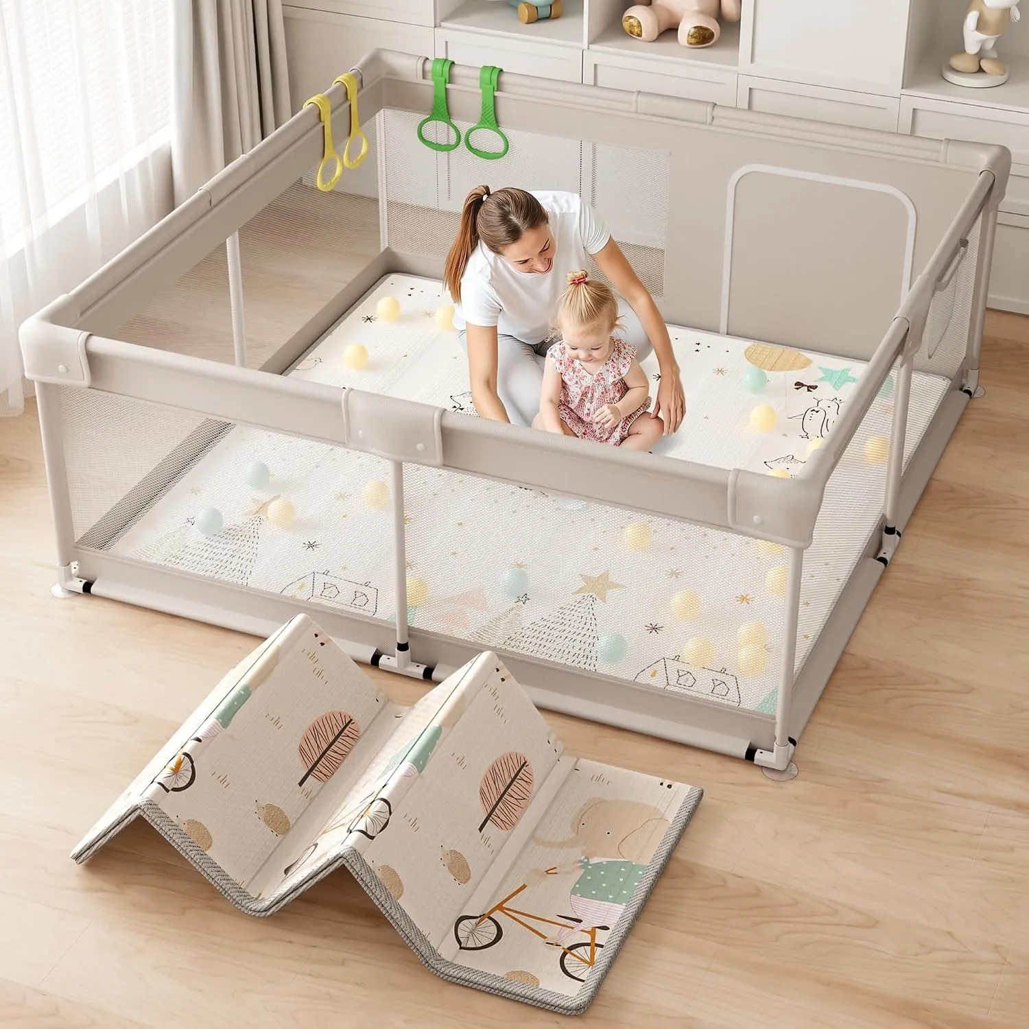 Laufstall Baby 150×150cm - XXL Laufgitter Baby mit Spielmatte, Laufgitter mit Atmungsaktivem Netz an Vier Seiten und Sa…