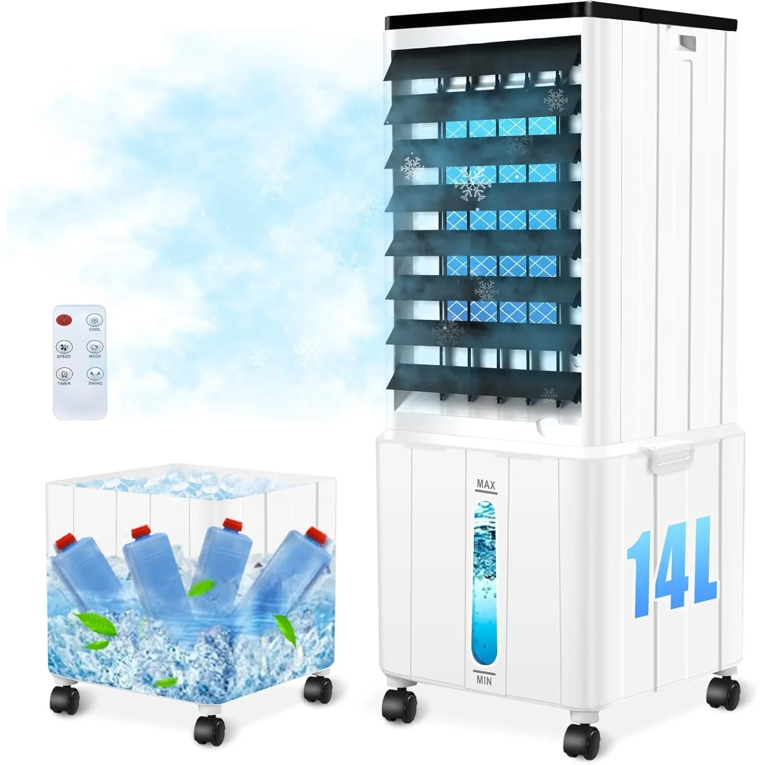 Klimagerät ohne Abluftschlauch, 14L 60W Klimaanlage Mobil mit 12H Timer, 3 Modus, 40dB, 120°Oszillation, Abnehmbare Was…