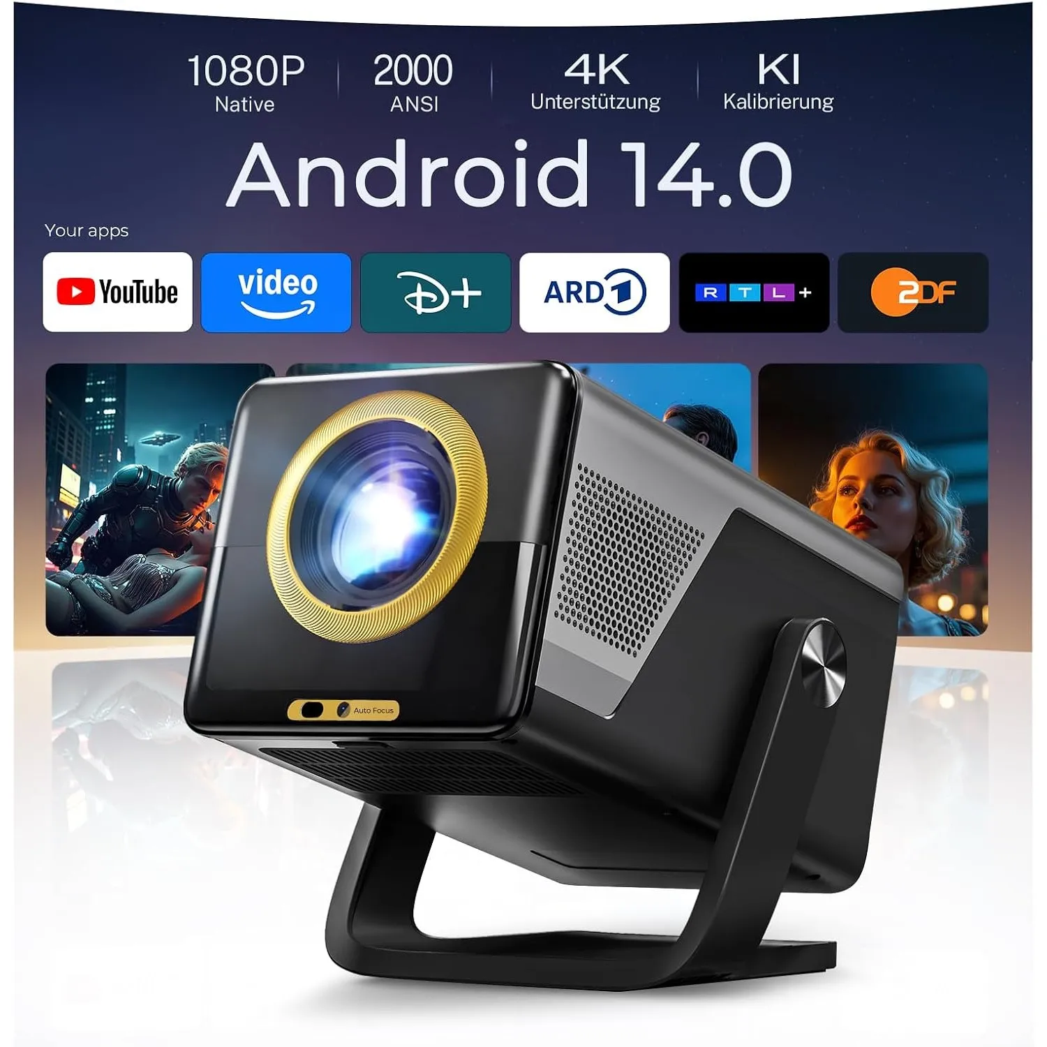 X7 Smart Beamer 4K-Unterstützung, 2000 ANSI, Android 14 mit Apps HiFi Audio | Native 1080P, Fernbedienung per App, KI-S…