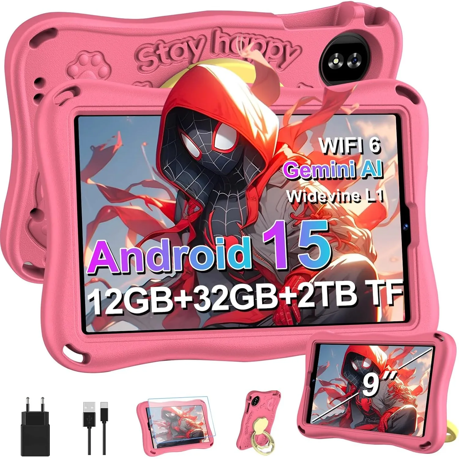 2026 Tablet für Kinder 9 Zoll Android 15 mit 12 GB RAM + TF 1 TB, 5G WiFi, Octa-Core, Widevine L1, Kindersicherung, 500…